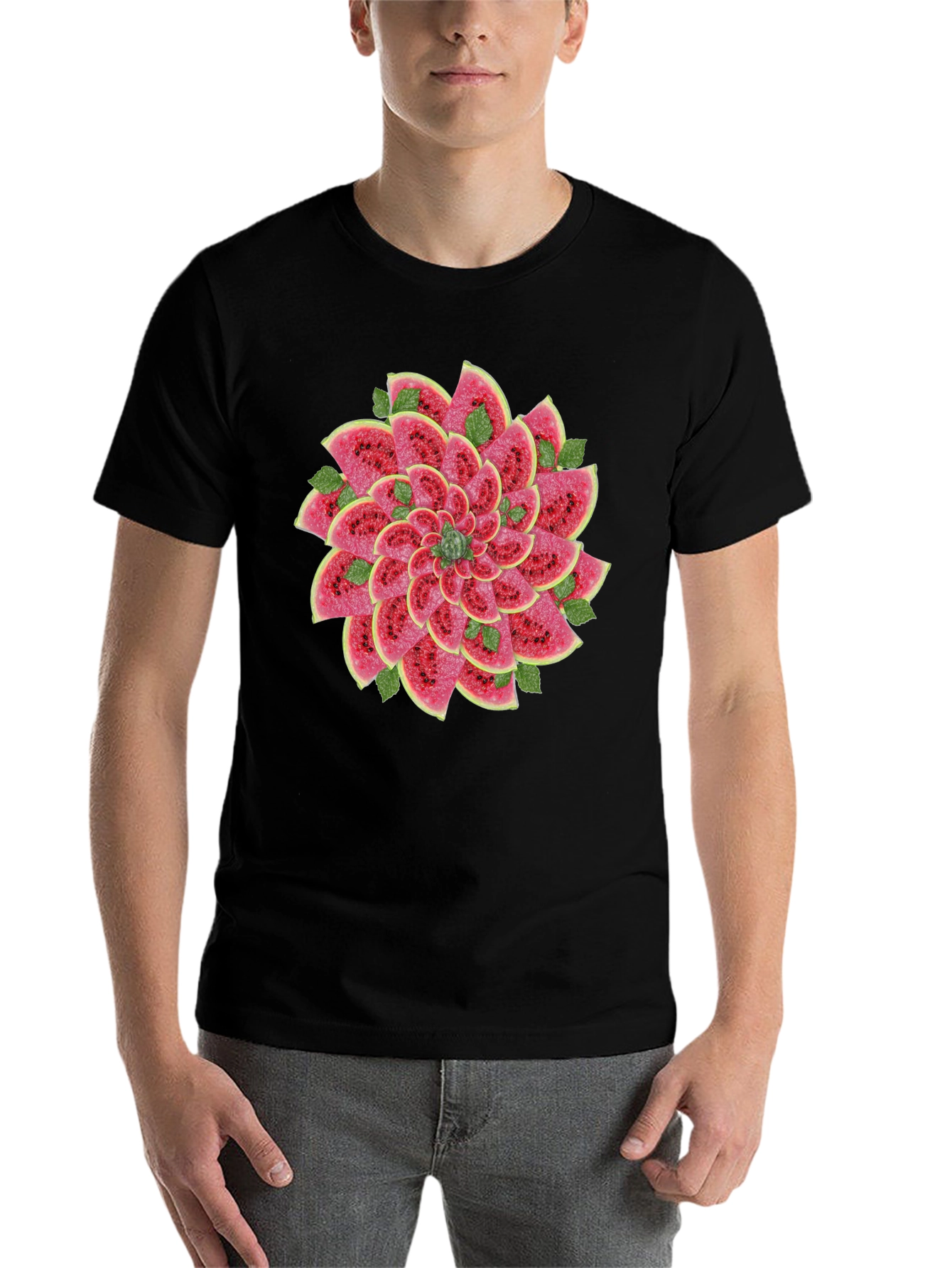 Black Watermelon Slice Flower Graphic Black T-Shirt view 7