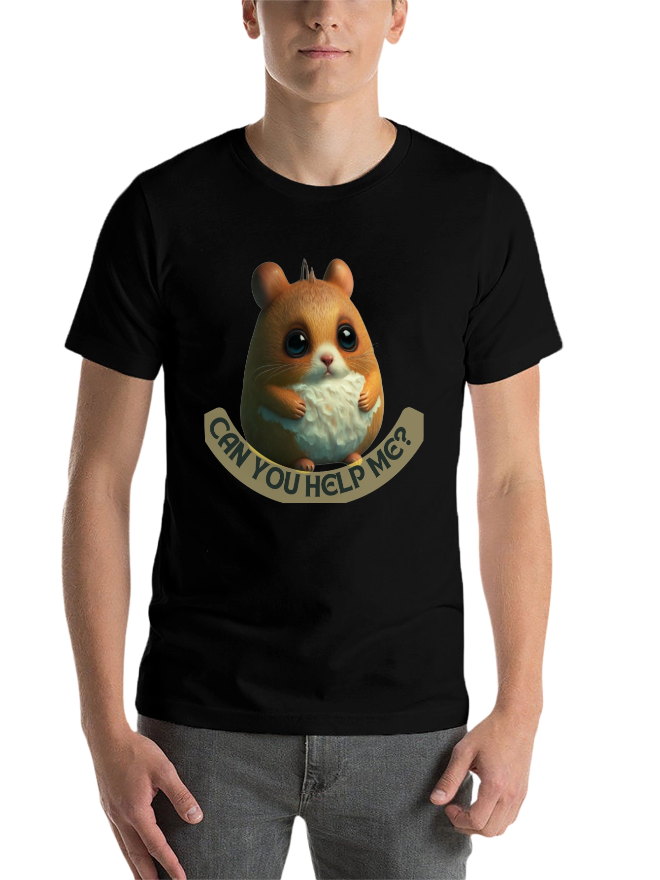 Black Cute Hamster 'Can You Help Me?' Graphic T-Shirt view 7