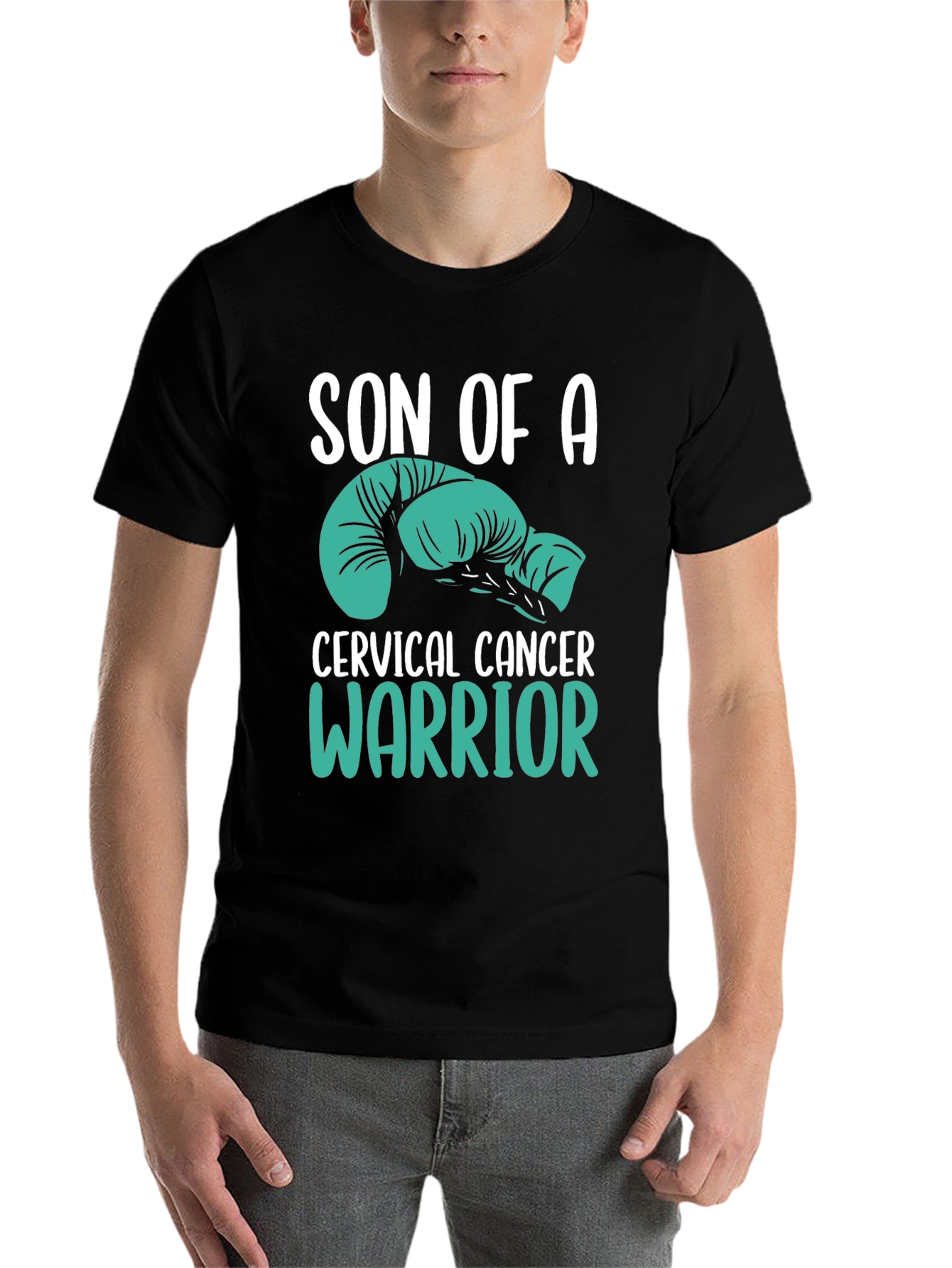 Black Cervical Cancer Warrior T-Shirt - Teal Boxing Gloves view 7