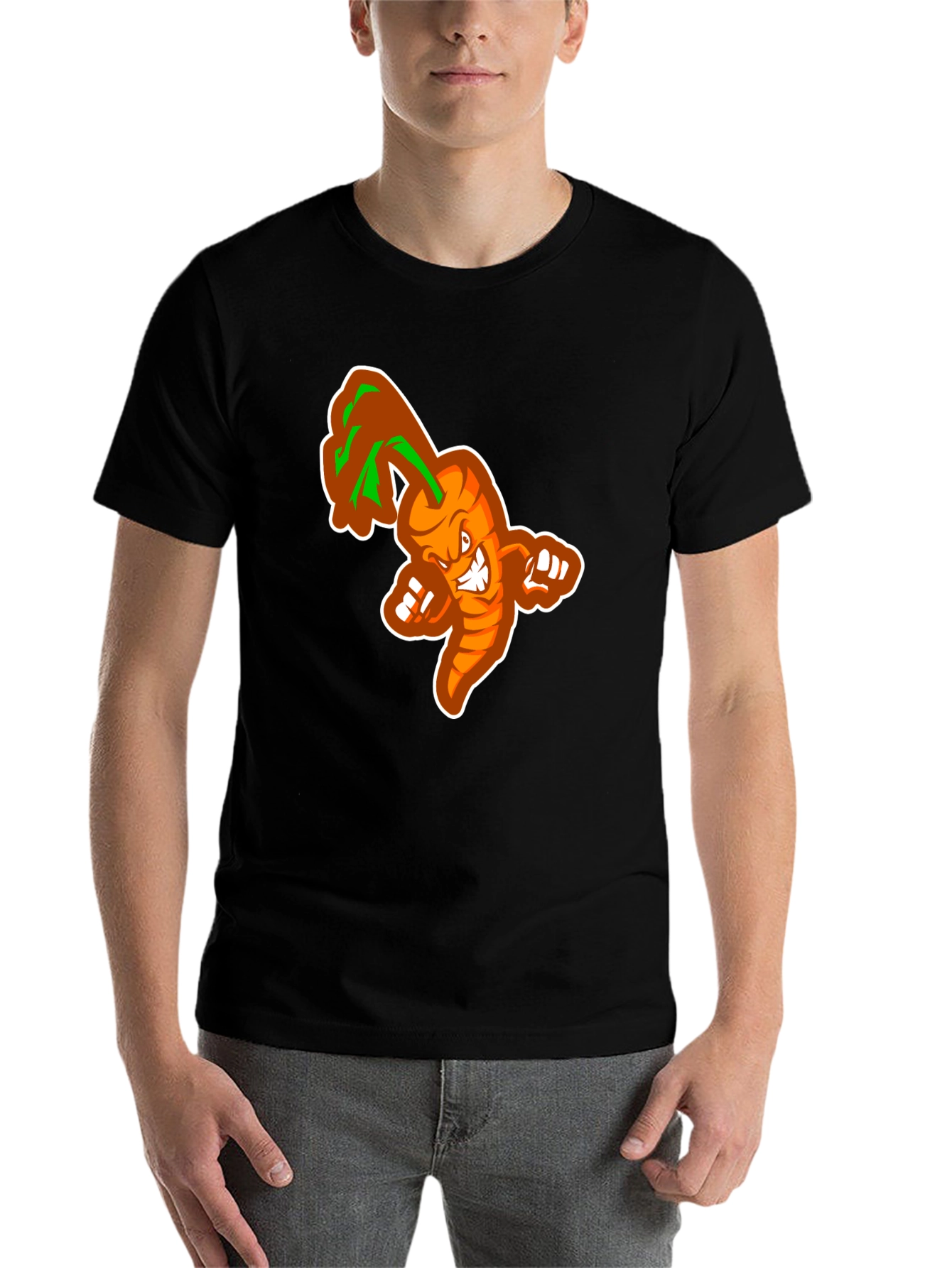 Black Men's Black T-shirt with Cartoon Carrot Design view 7