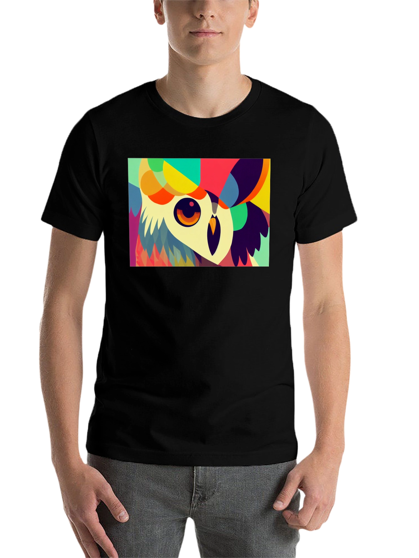 Black Abstract Owl Graphic Tee - Unique Colorful Design view 7