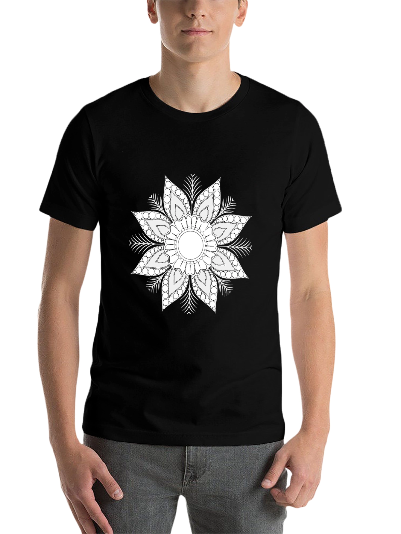Black Black T-Shirt with White Floral Mandala Design view 7