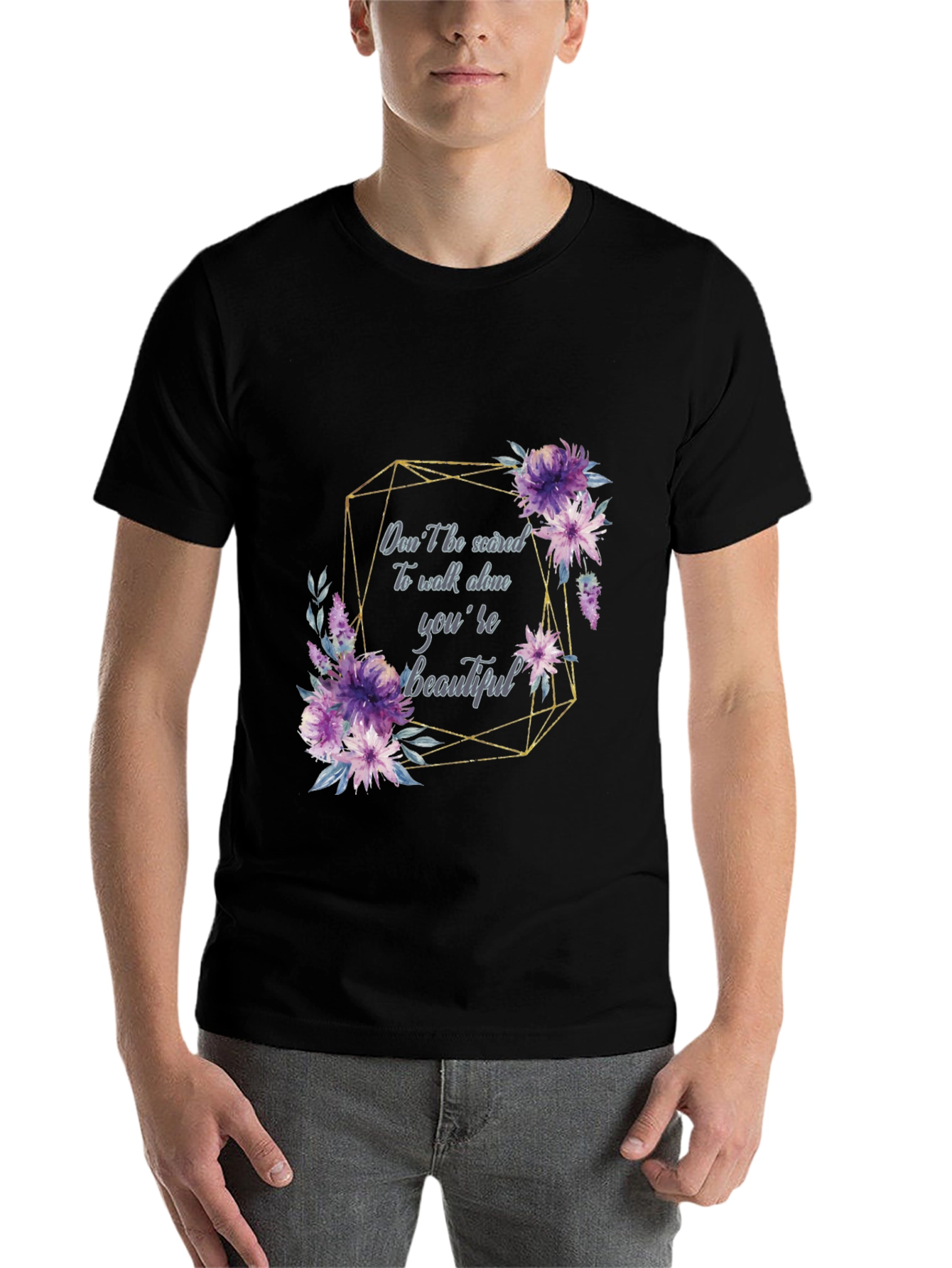Floral Quote Black T-Shirt for Men - 7