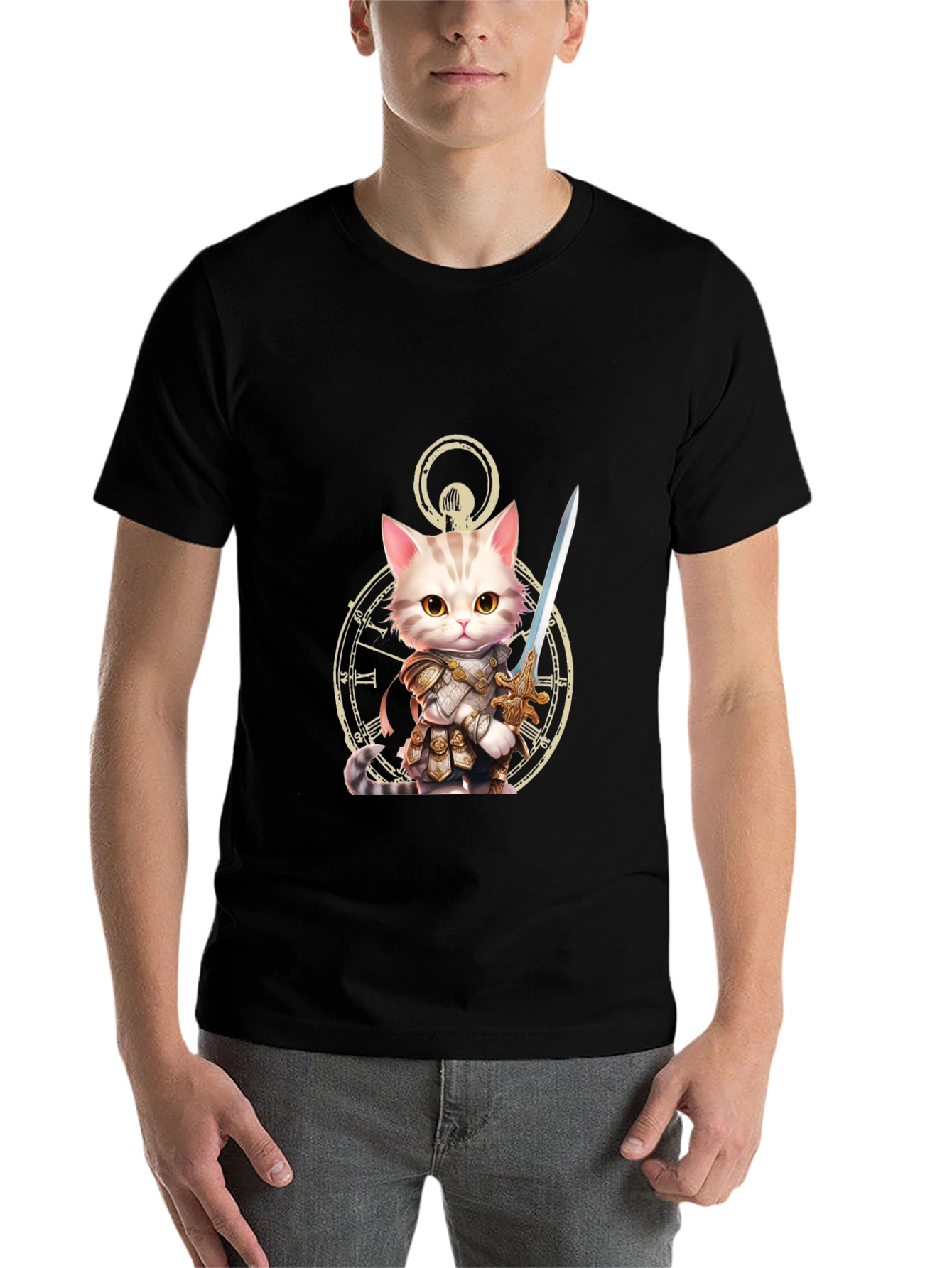 Black Cat Knight T-Shirt - Whimsical Warrior Design view 7