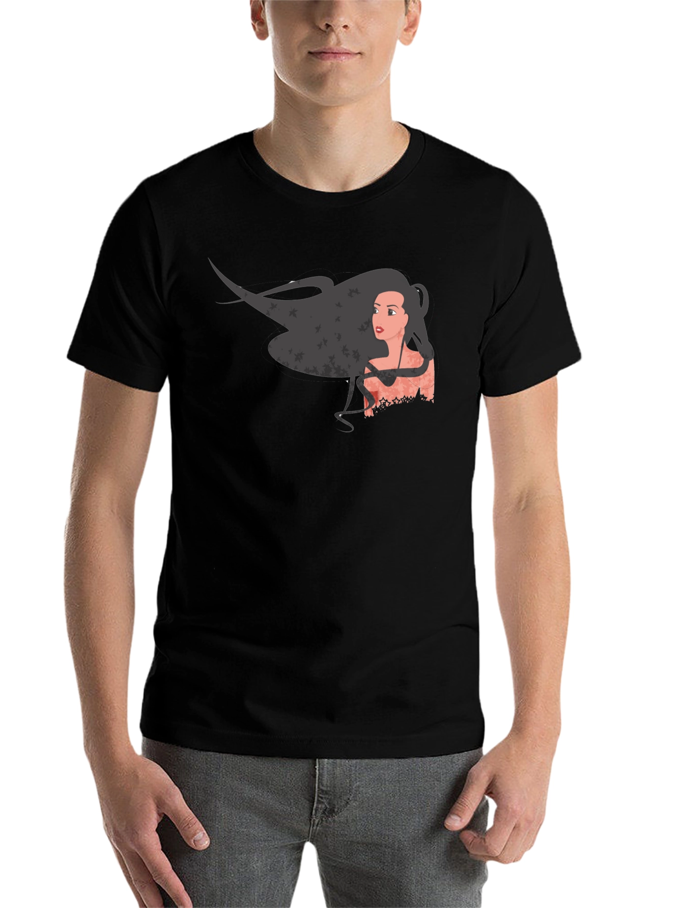 Black Graphic Print Black T-Shirt - Woman with Flowing Hair view 7