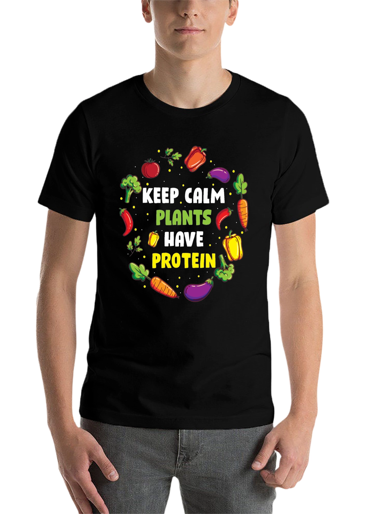 Black Vegan Protein T-Shirt - Keep Calm, Eat Plants view 7