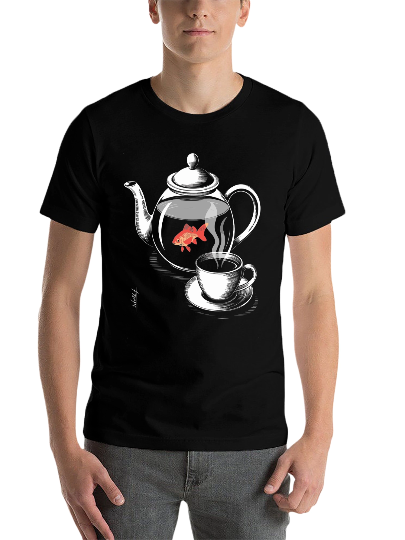 Black Teapot Goldfish Graphic T-Shirt - Unique Design view 7