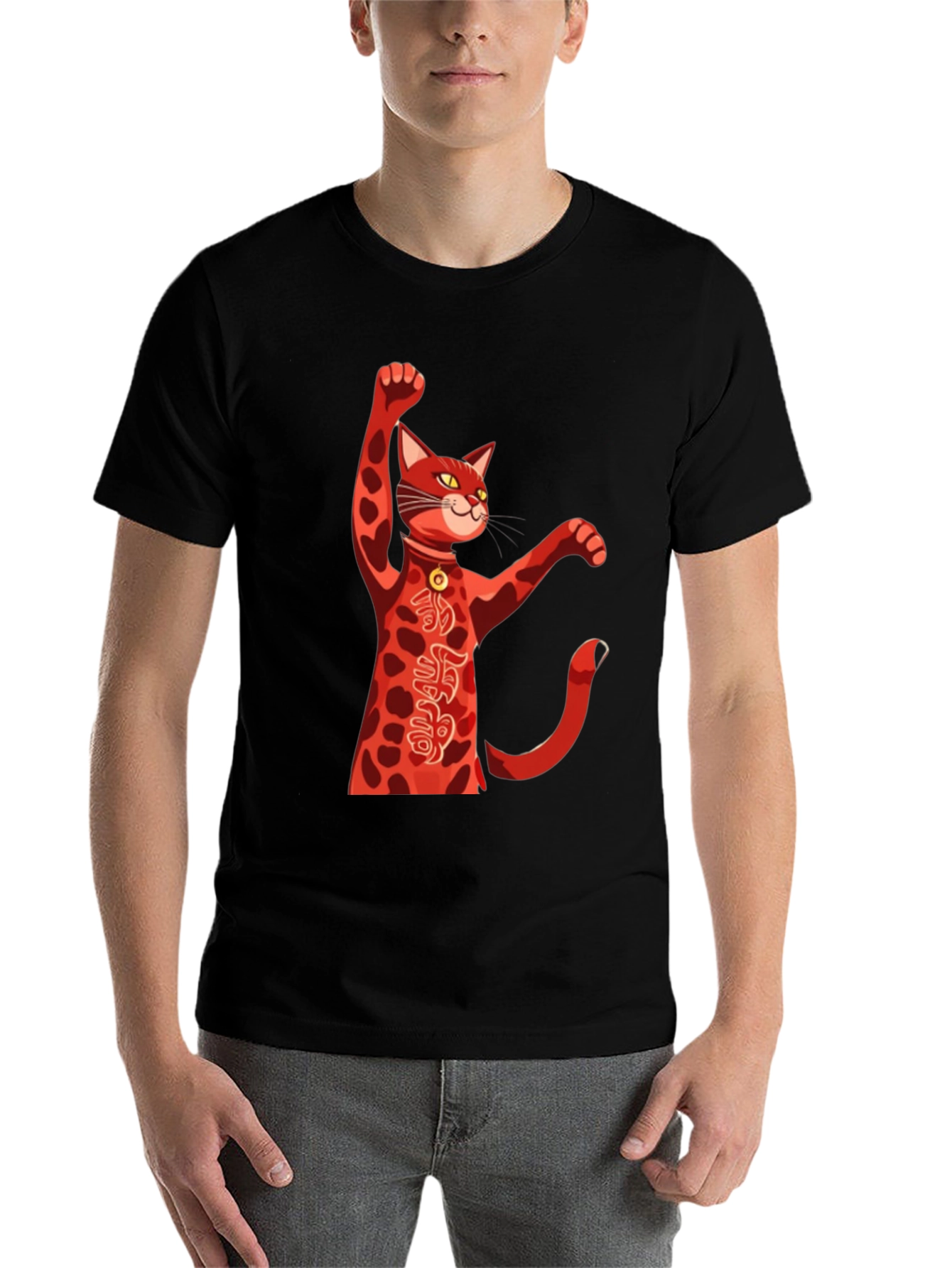 Black Lucky Cat T-Shirt - Red Maneki Neko Graphic Tee view 7