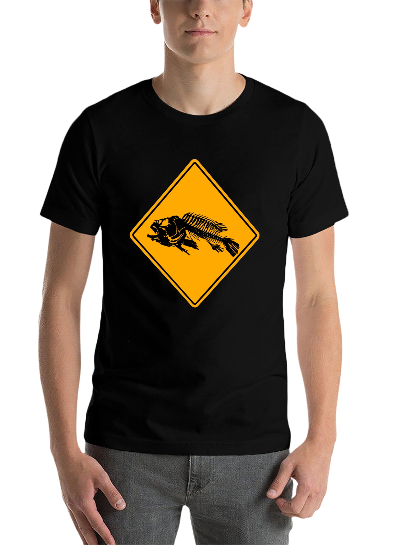 Black Fishbone Warning Sign Graphic Tee - Black Cotton T-Shirt view 7