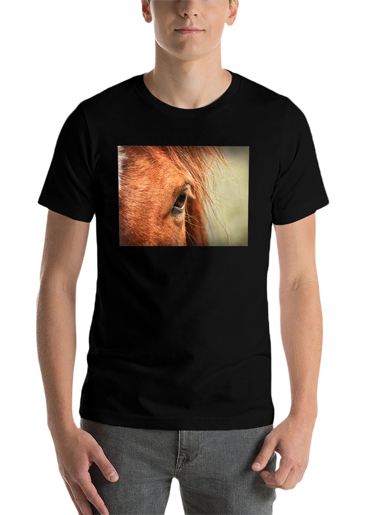Black Horse Eye Graphic Tee - Unisex Black Cotton Shirt view 7