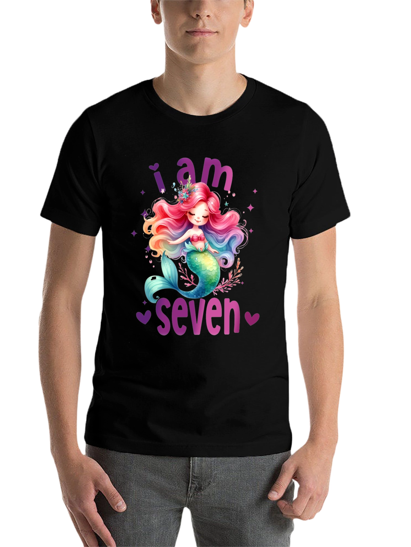 Black Mermaid Birthday T-Shirt - I Am Seven view 7