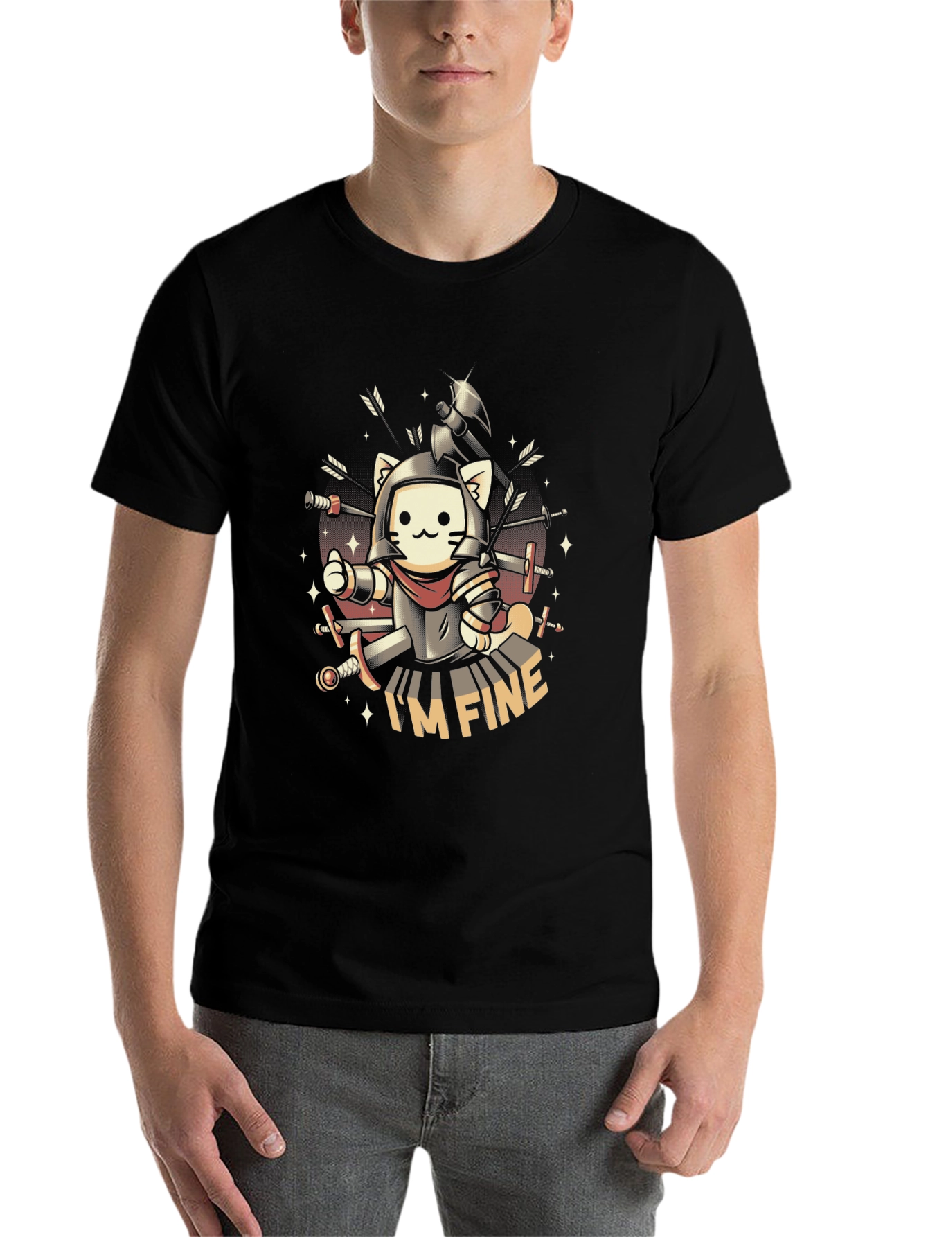 Black I'm Fine Cat Knight T-Shirt view 7