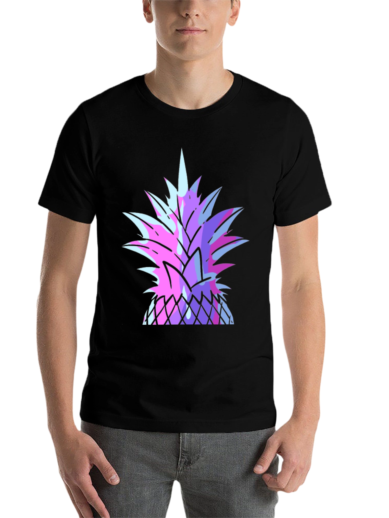 Black Vaporwave Pineapple Graphic Tee - Black Cotton T-Shirt view 7