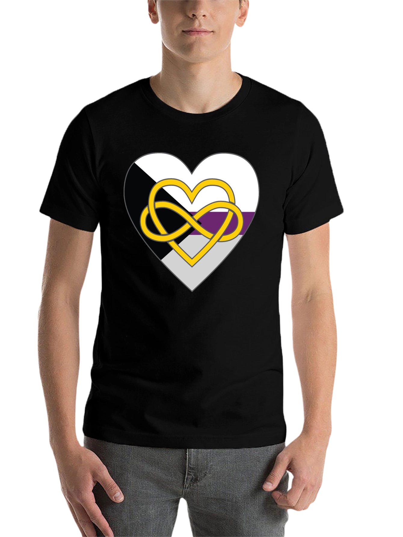 Black Demisexual Pride Heart Infinity Symbol Black T-Shirt view 7
