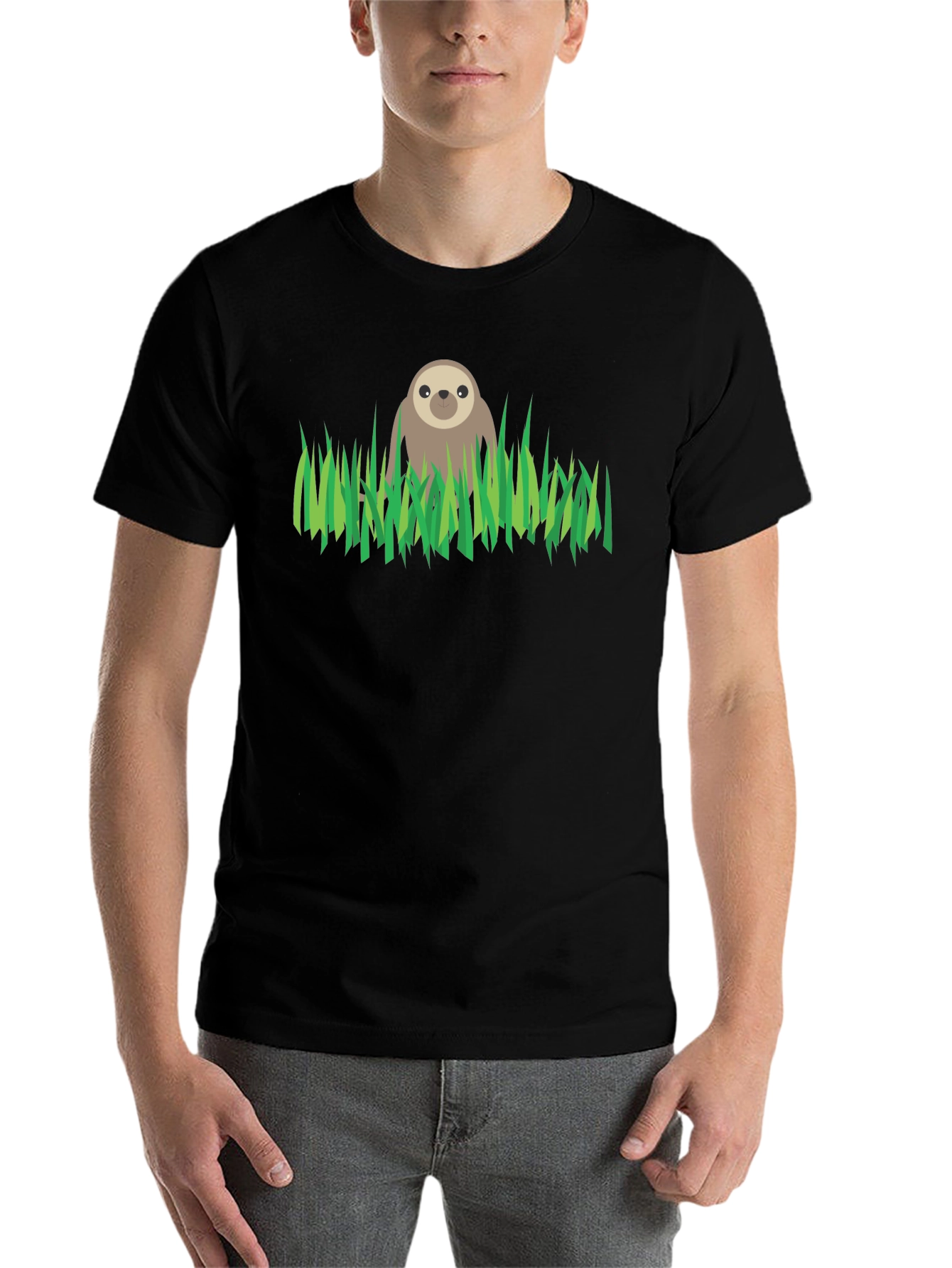 Black Sloth in Grass Graphic Tee - Black Cotton T-Shirt view 7
