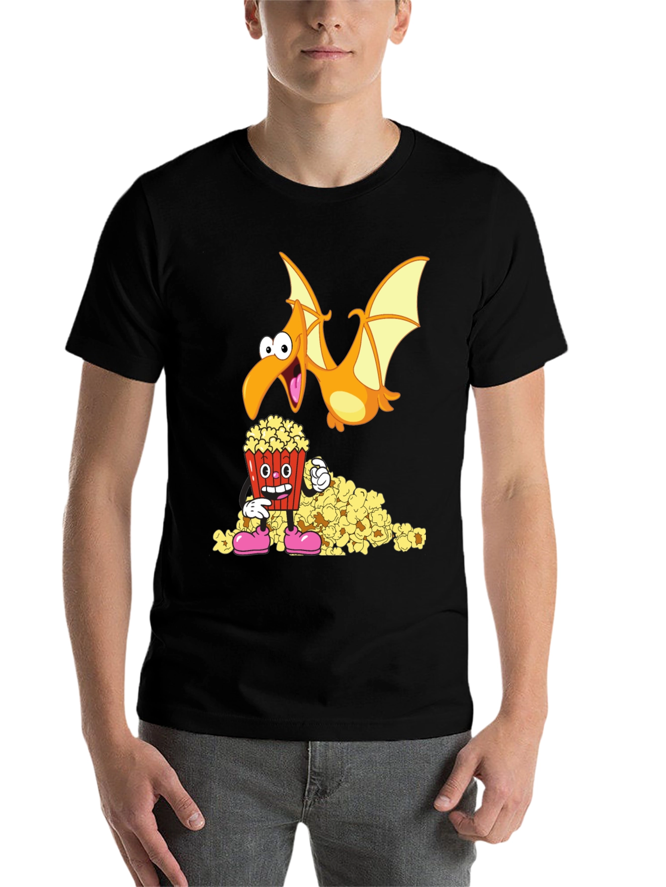 Black Cartoon Pterodactyl & Popcorn Graphic T-Shirt view 7