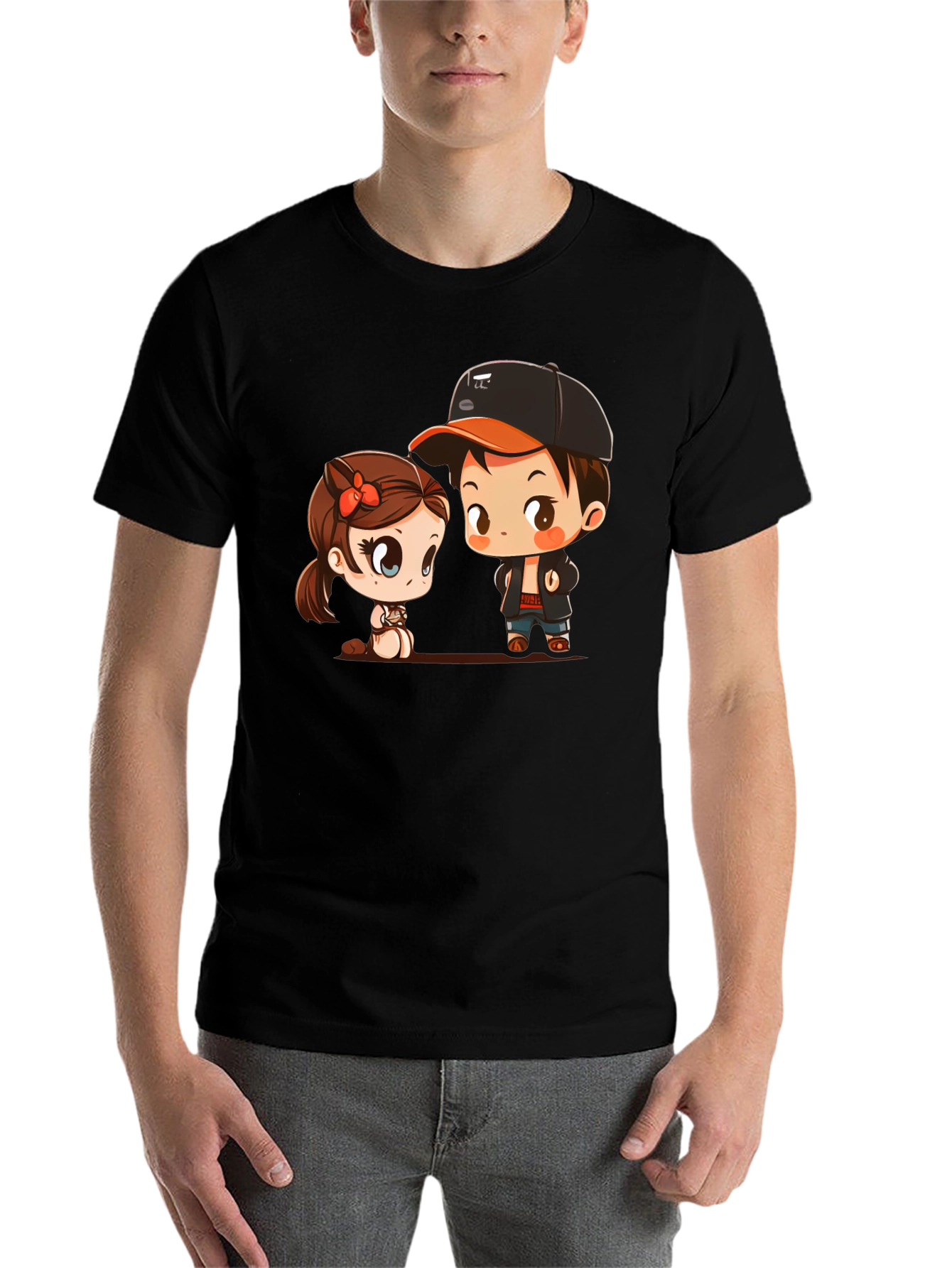 Black Cute Cartoon Couple Black T-Shirt view 7