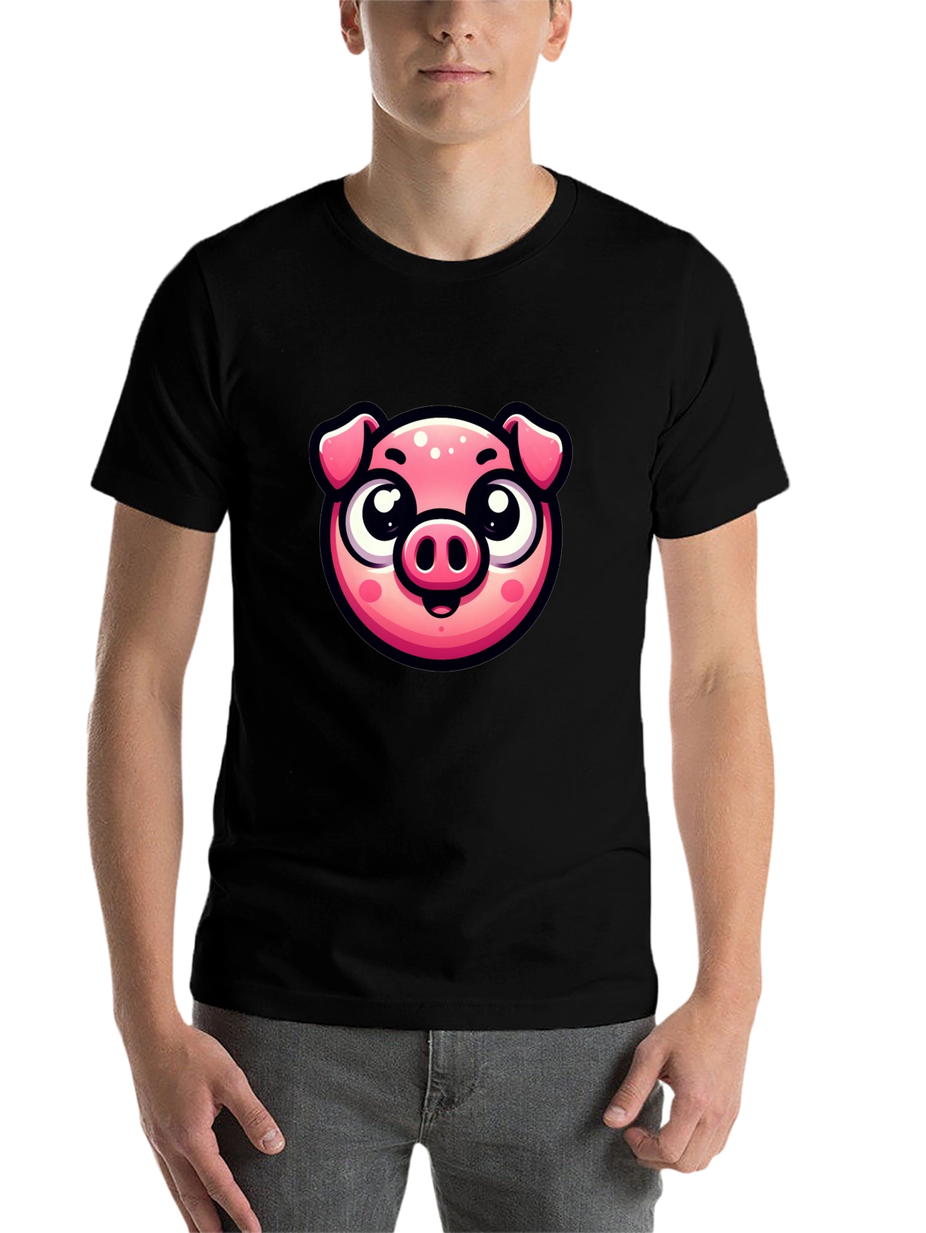 Black Cute Pig Graphic Print Black T-Shirt view 7
