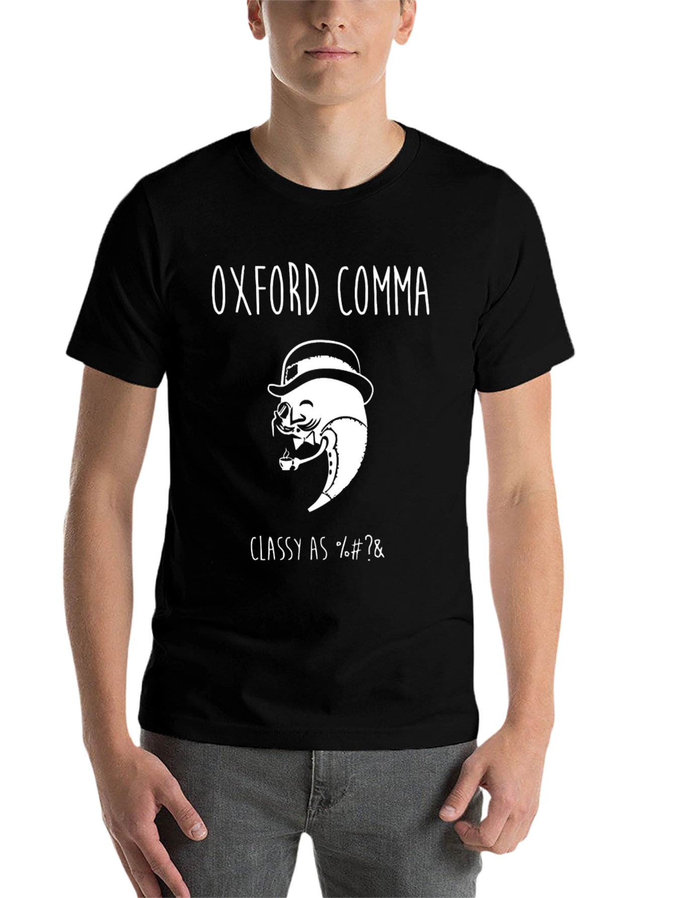 Black Oxford Comma T-Shirt - Classy Grammar Humor view 7