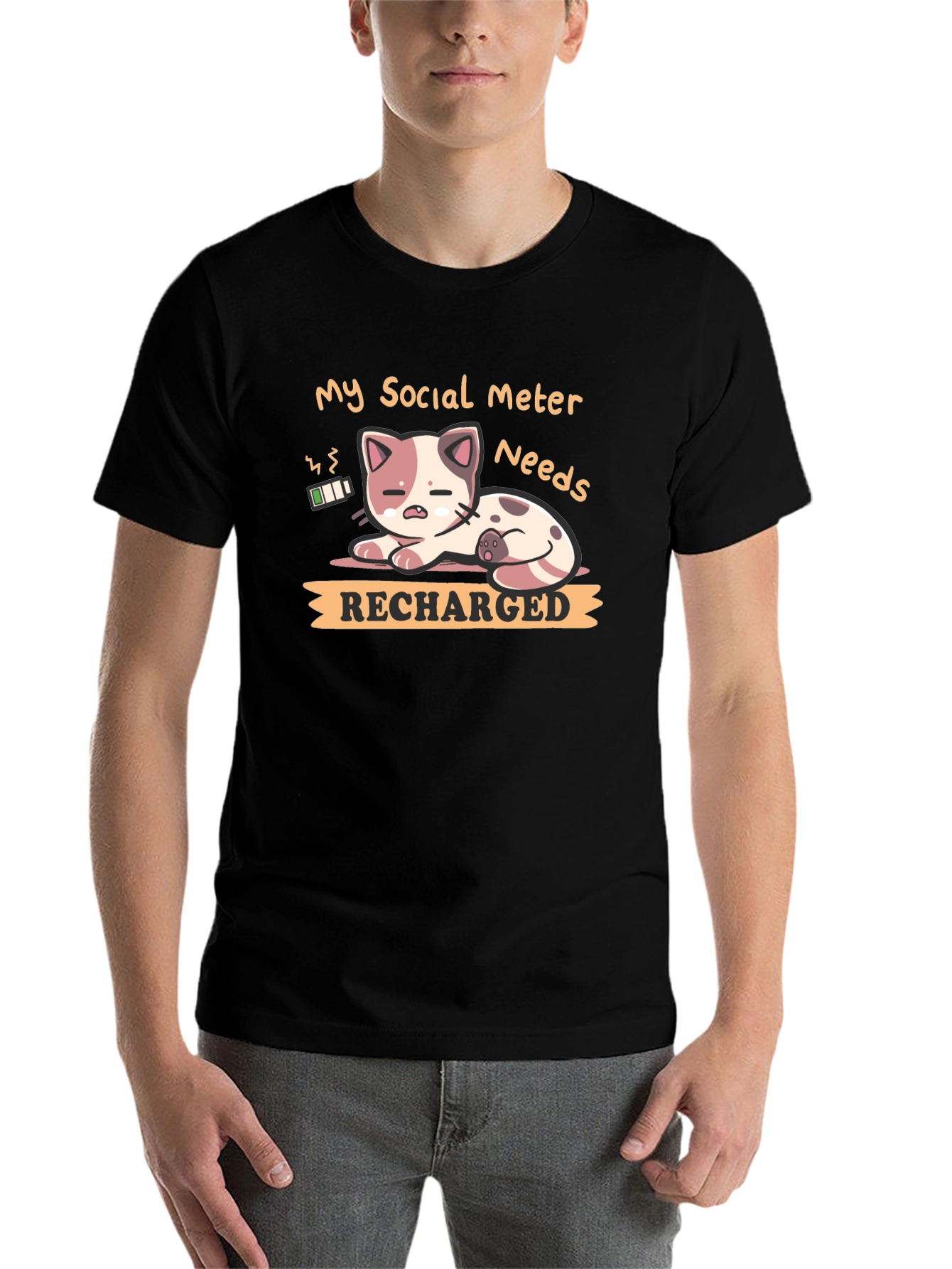 Black Social Meter Recharge Cat Graphic T-Shirt view 7