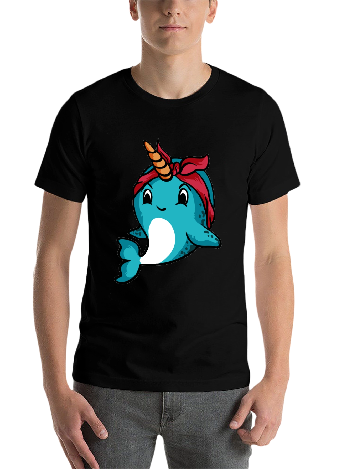 Black Narwhal T-Shirt: Unique Cartoon Bandana Graphic Tee view 7