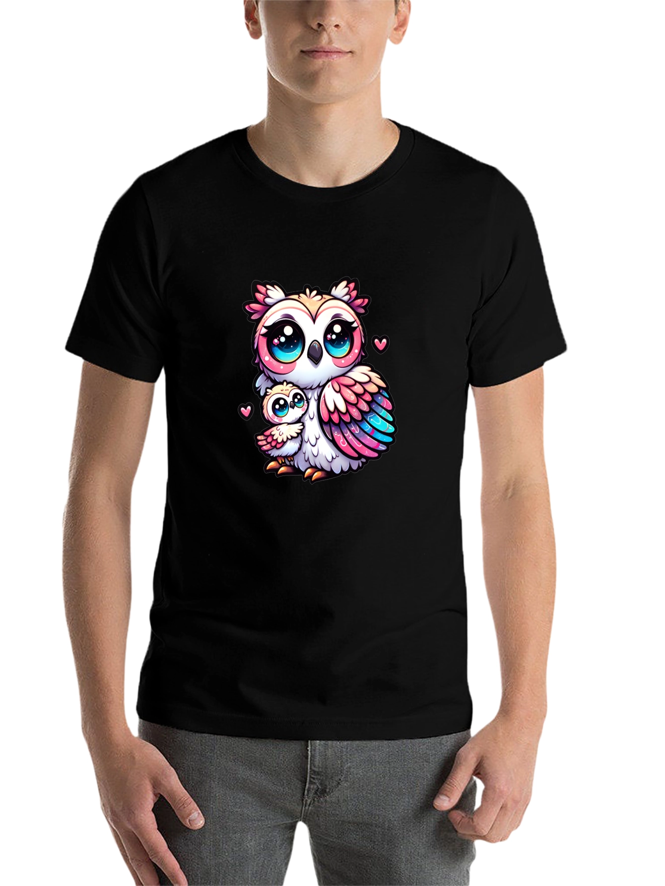 Black Cute Owl Family Graphic Tee - Black Cotton Shirt view 7