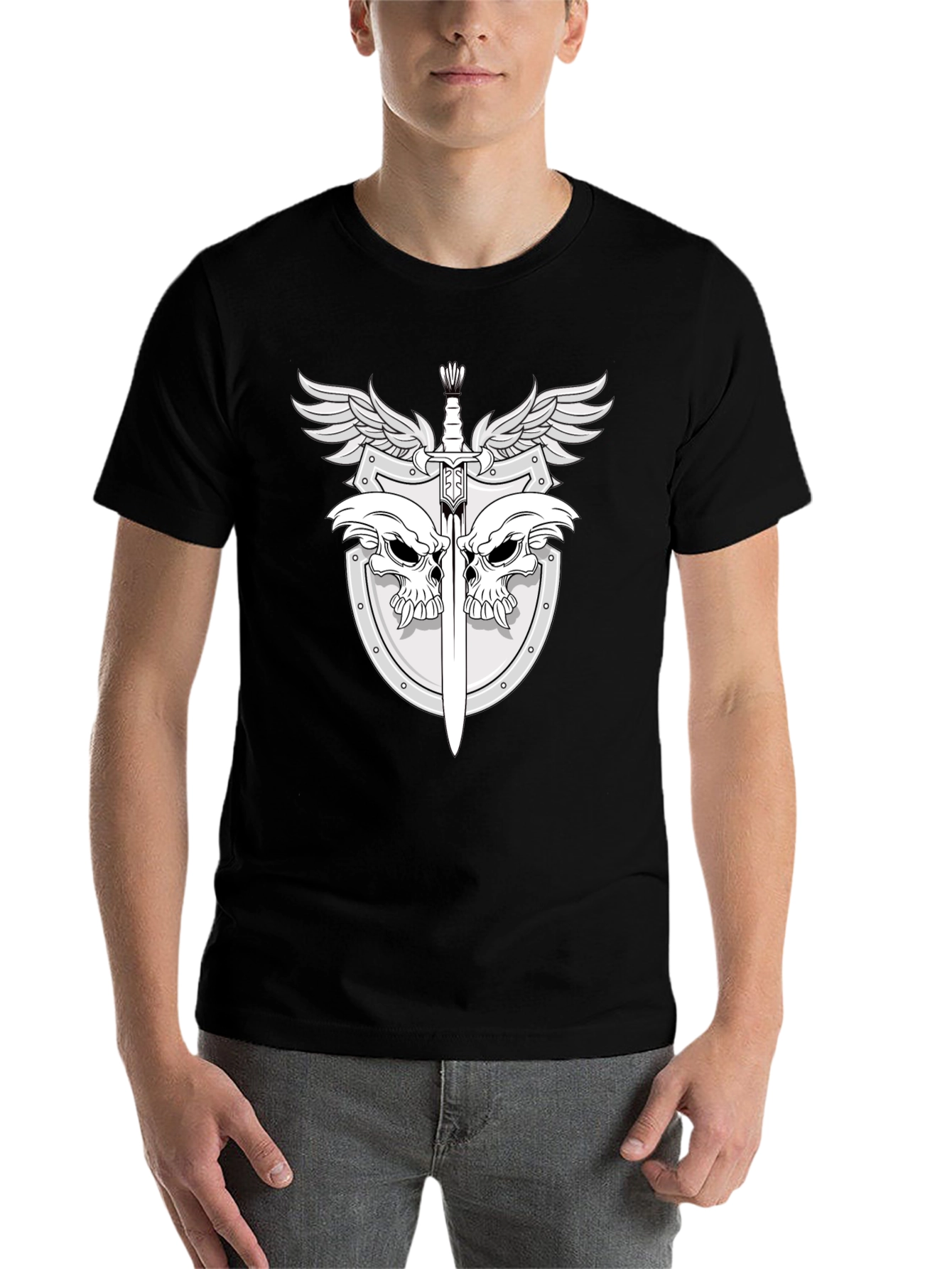 Black Skull & Sword Shield Graphic Tee - Black view 7