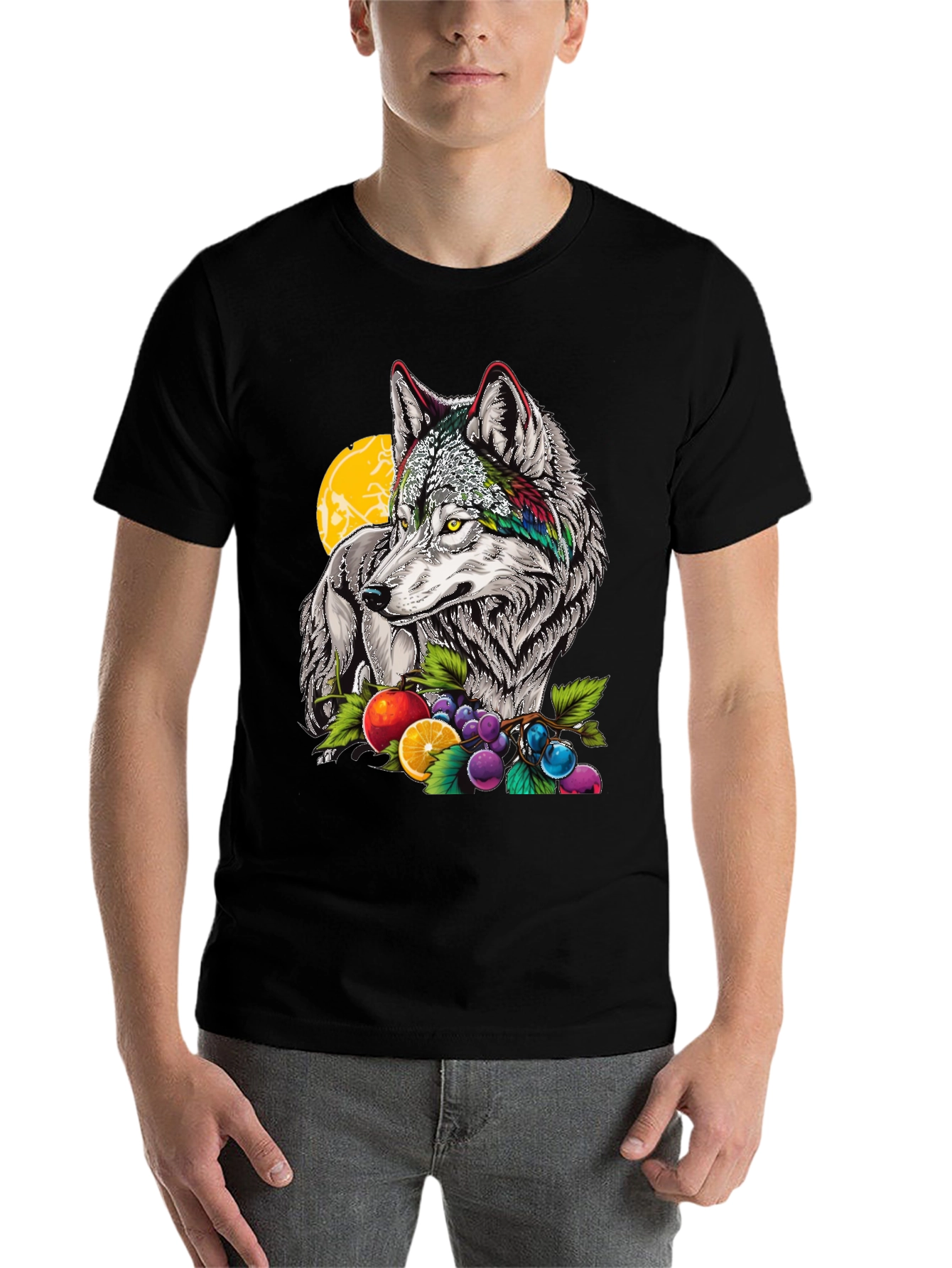 Black Wolf & Fruit Graphic Print T-Shirt - Black view 7