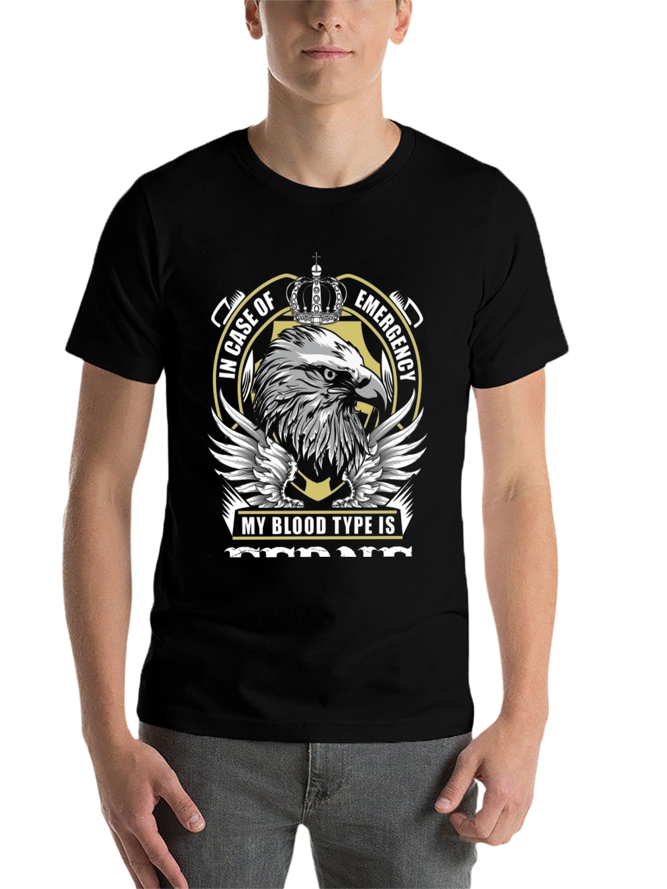 Black Emergency Blood Type T-Shirt with Eagle Graphic view 7