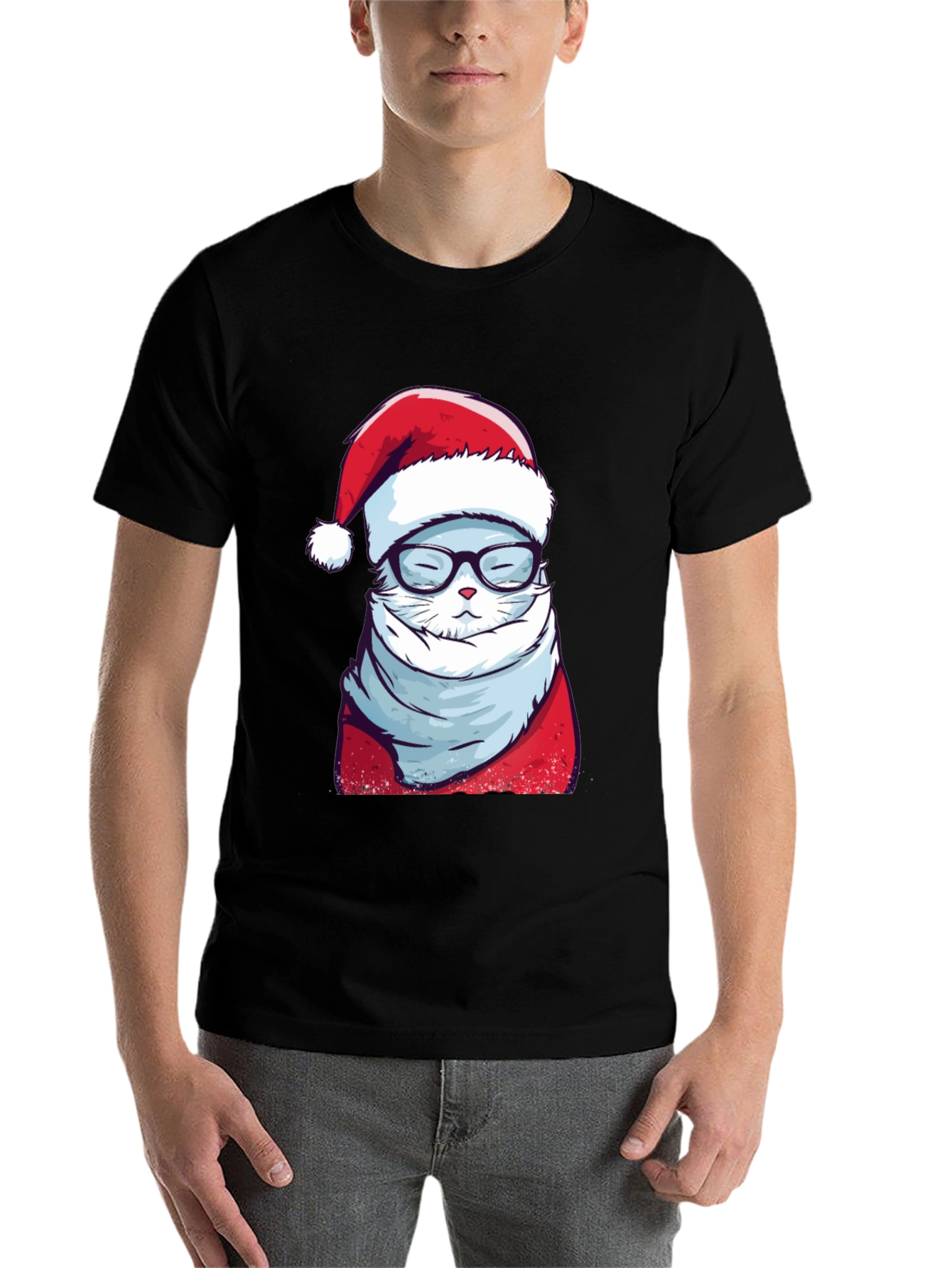 Black Holiday Cat T-Shirt: Santa Hat & Glasses view 7