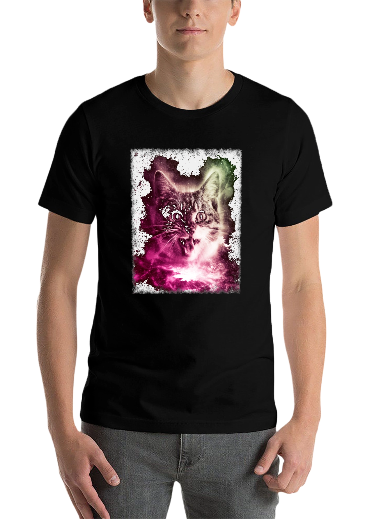 Black Galaxy Cat Graphic Tee - Men's Black T-Shirt view 7