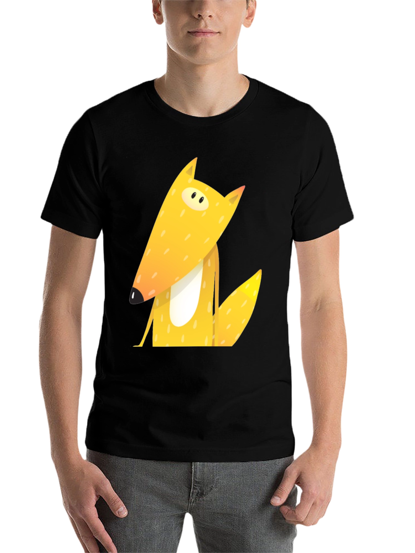 Black Cartoon Fox Graphic Tee - Black Cotton T-Shirt view 7