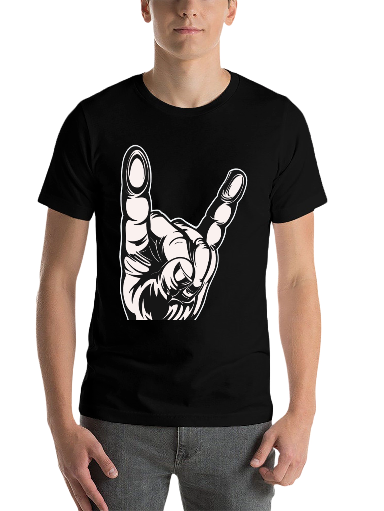 Black Rock On Hand Gesture Graphic T-Shirt view 7