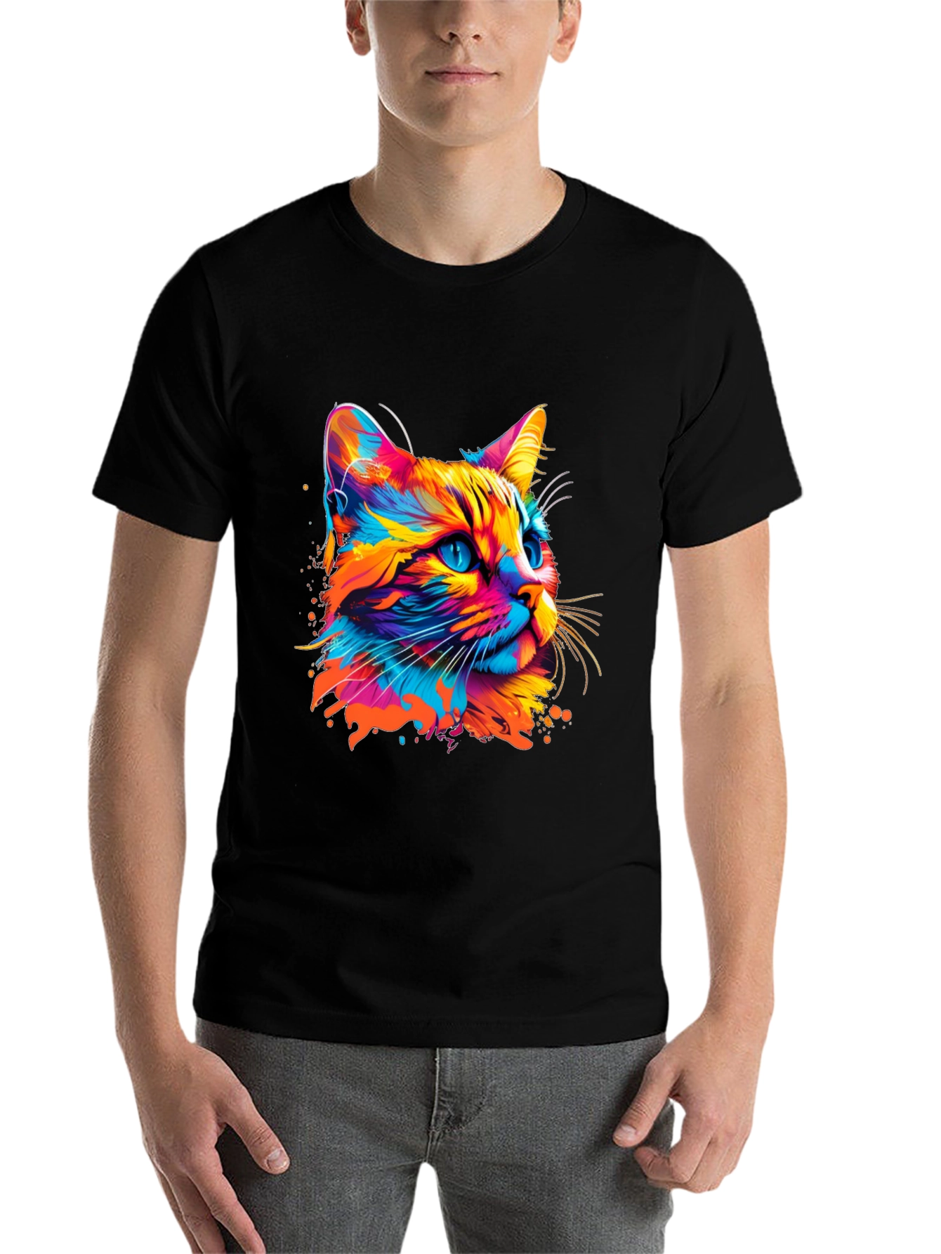 Black Vibrant Cat Graphic Print Black T-Shirt view 7