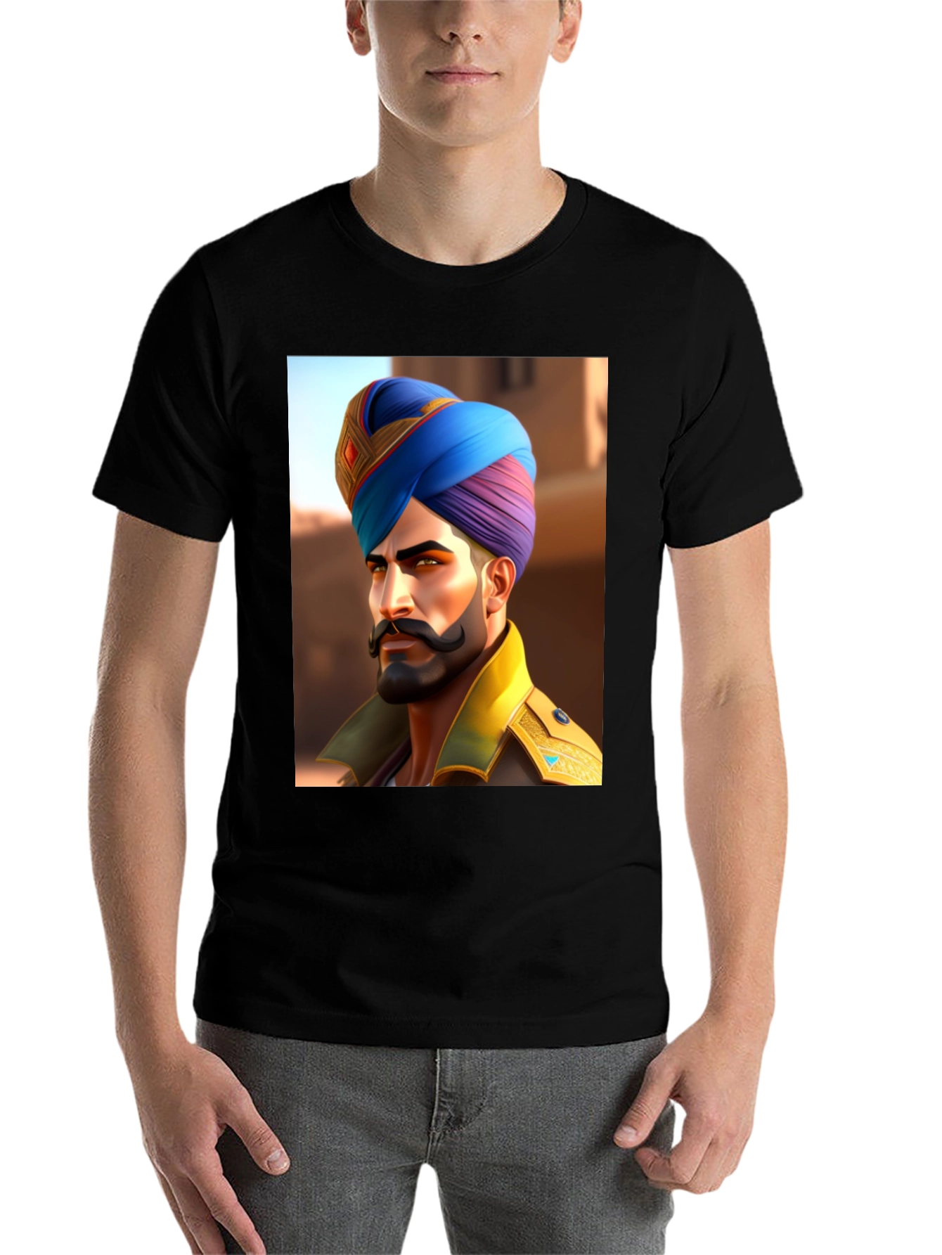 Black Graphic Tee: Sikh Warrior Portrait view 7