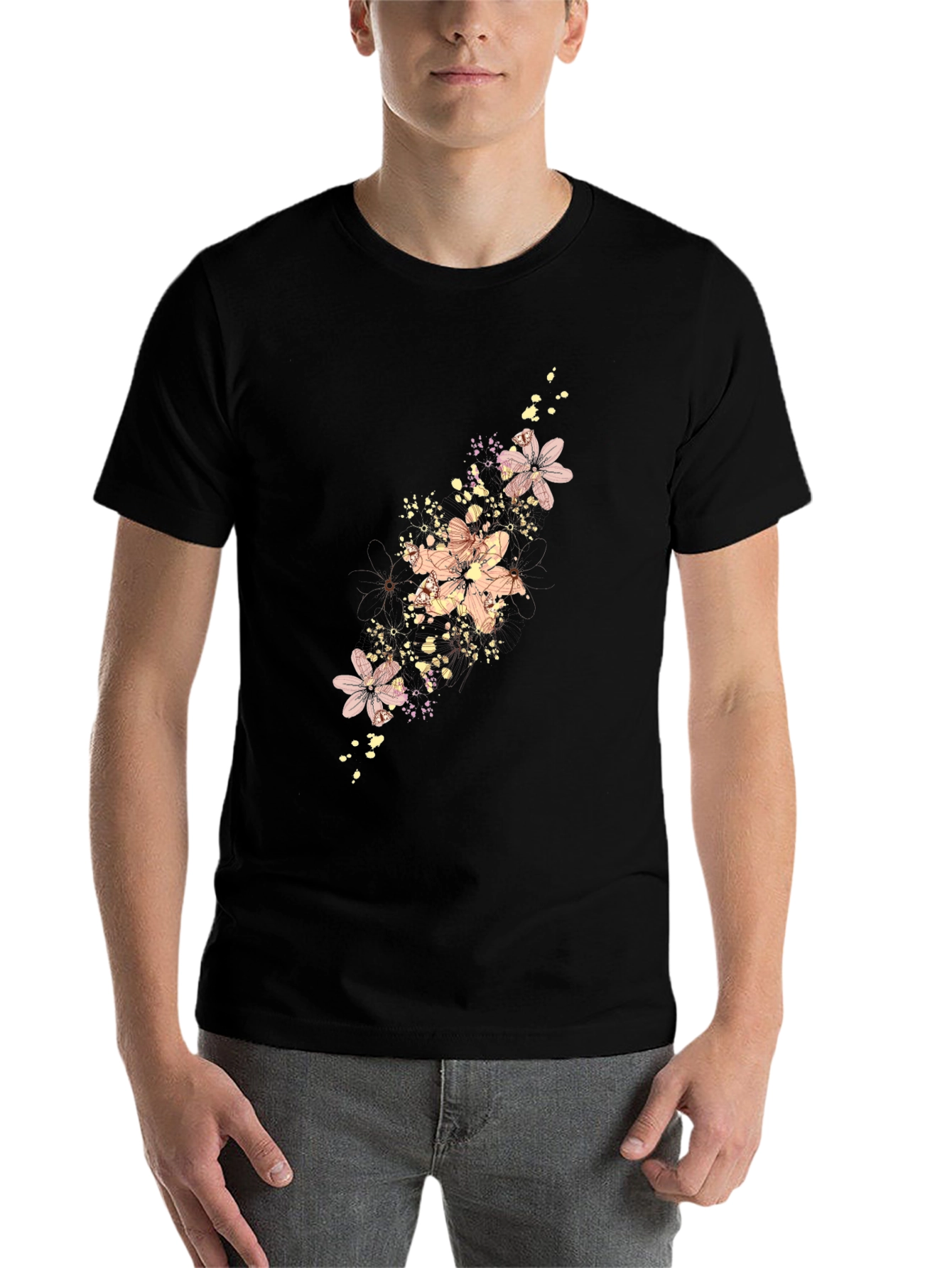 Black Floral Print Men's Black T-Shirt view 7