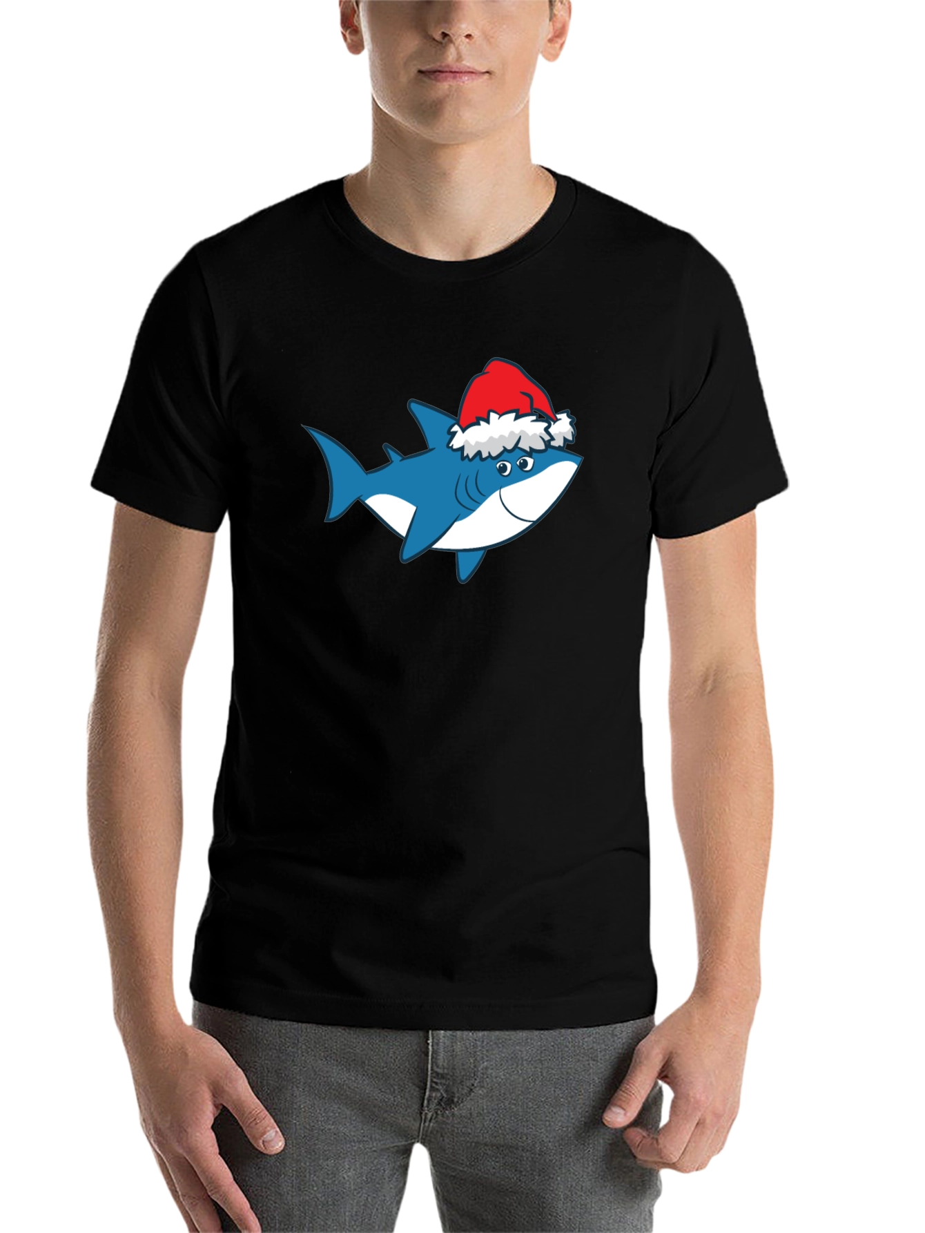 Black Shark Christmas T-Shirt Holiday Tee Santa Hat view 7