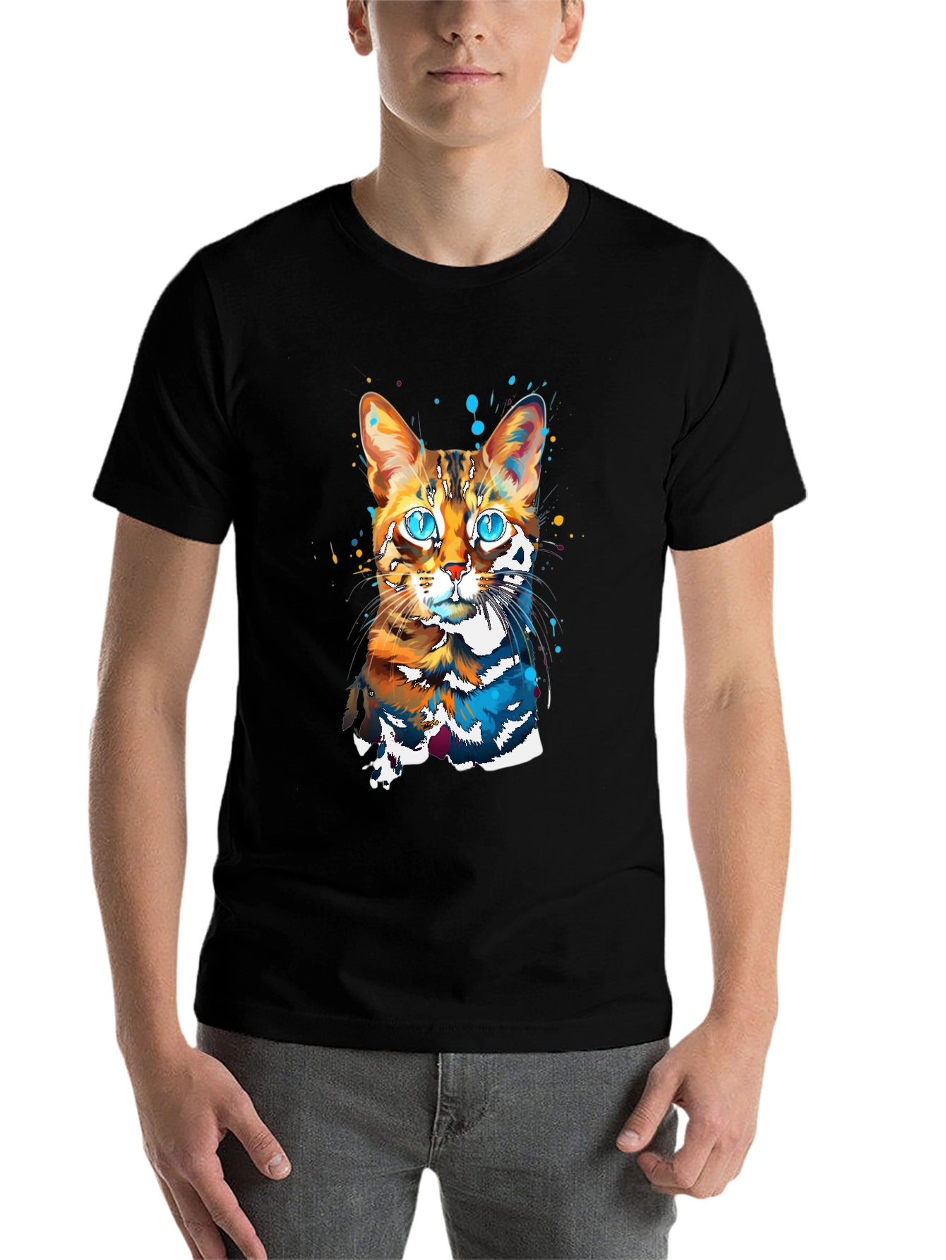 Black Vivid Cat Art Graphic Tee - Stylish & Unique Design view 7