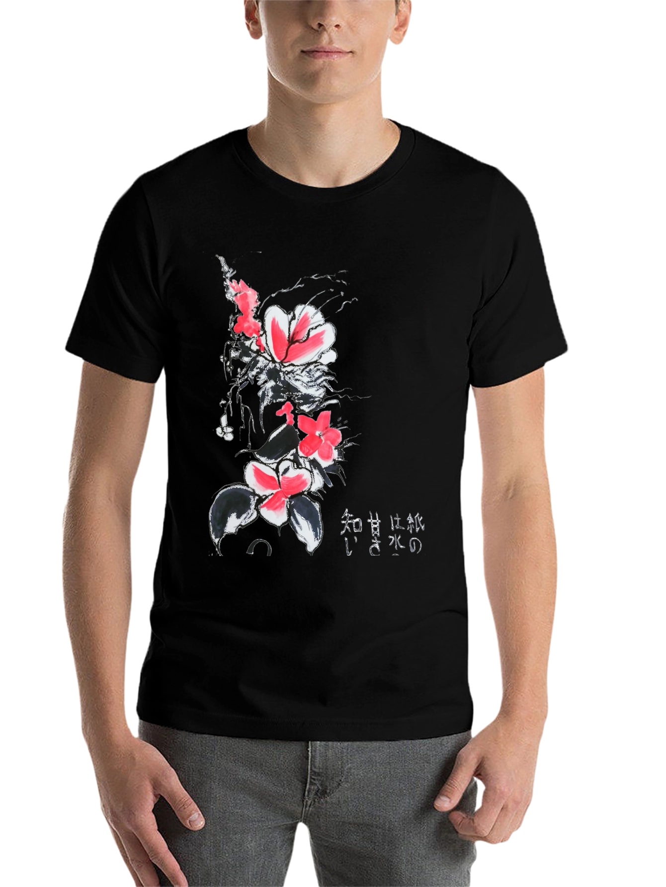 Black Floral Print Black T-Shirt with Japanese Text view 7
