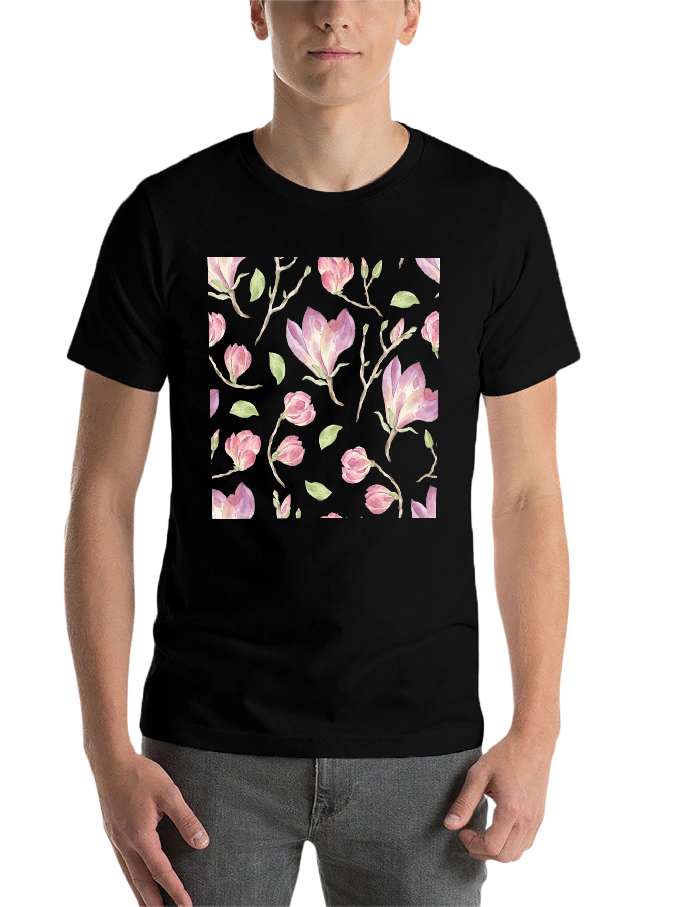 Black Floral Print T-Shirt - Black Cotton Blend view 7