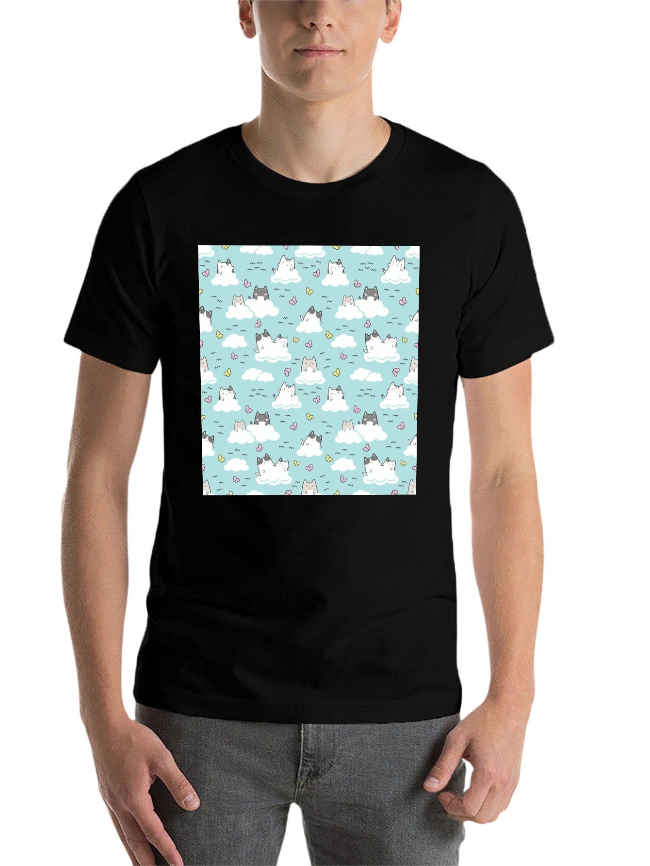 Black Cloud Cat Tee - Cute Pattern Black T-Shirt view 7
