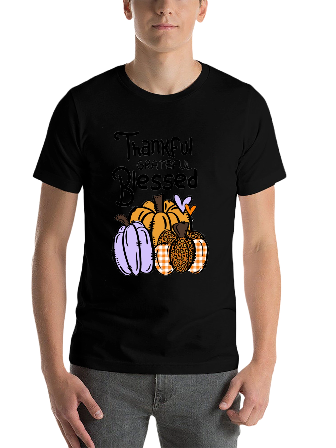 Black Thankful Grateful Blessed Pumpkin T-Shirt view 7