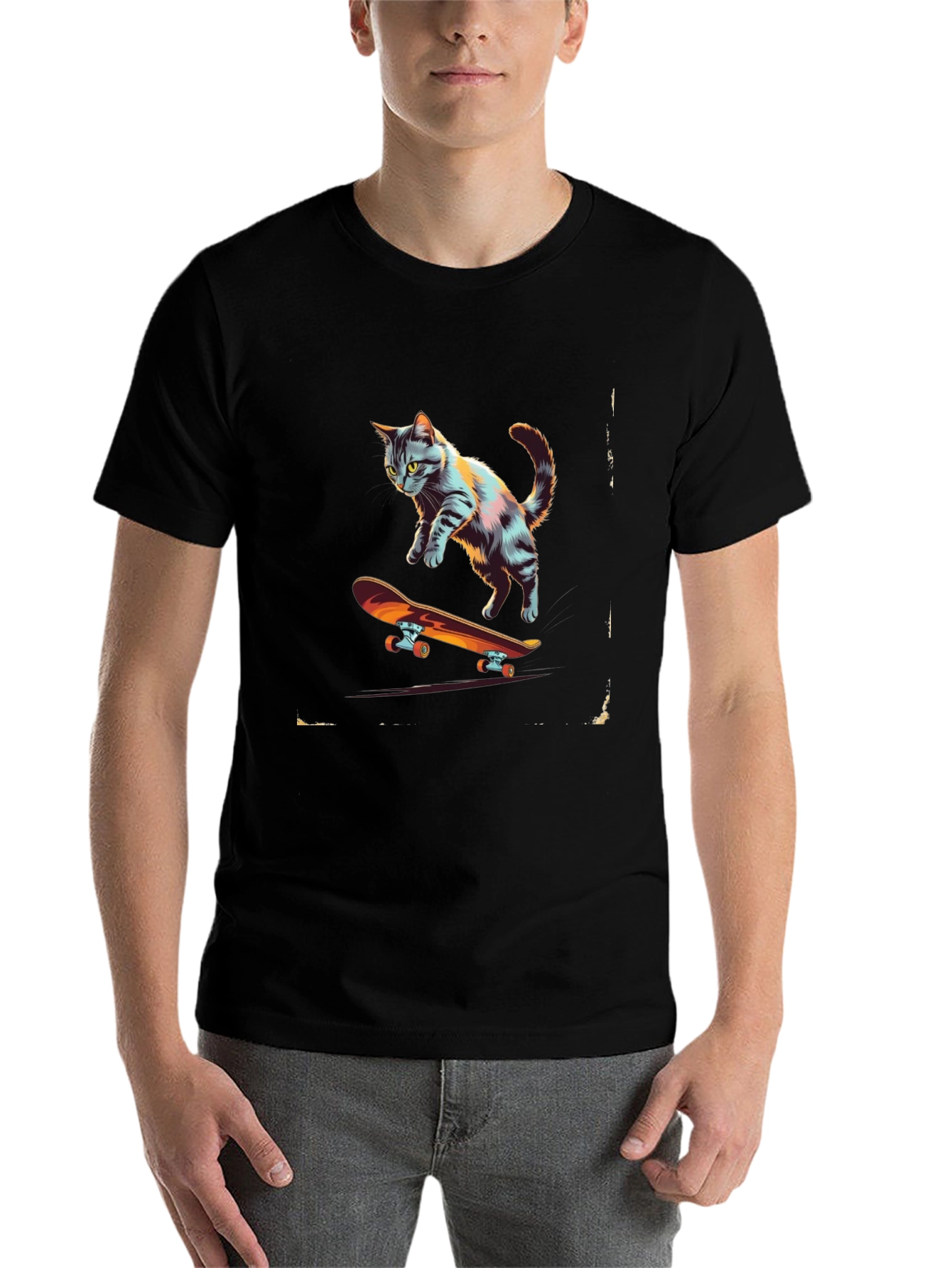 Black Skateboarding Cat Graphic Tee view 7