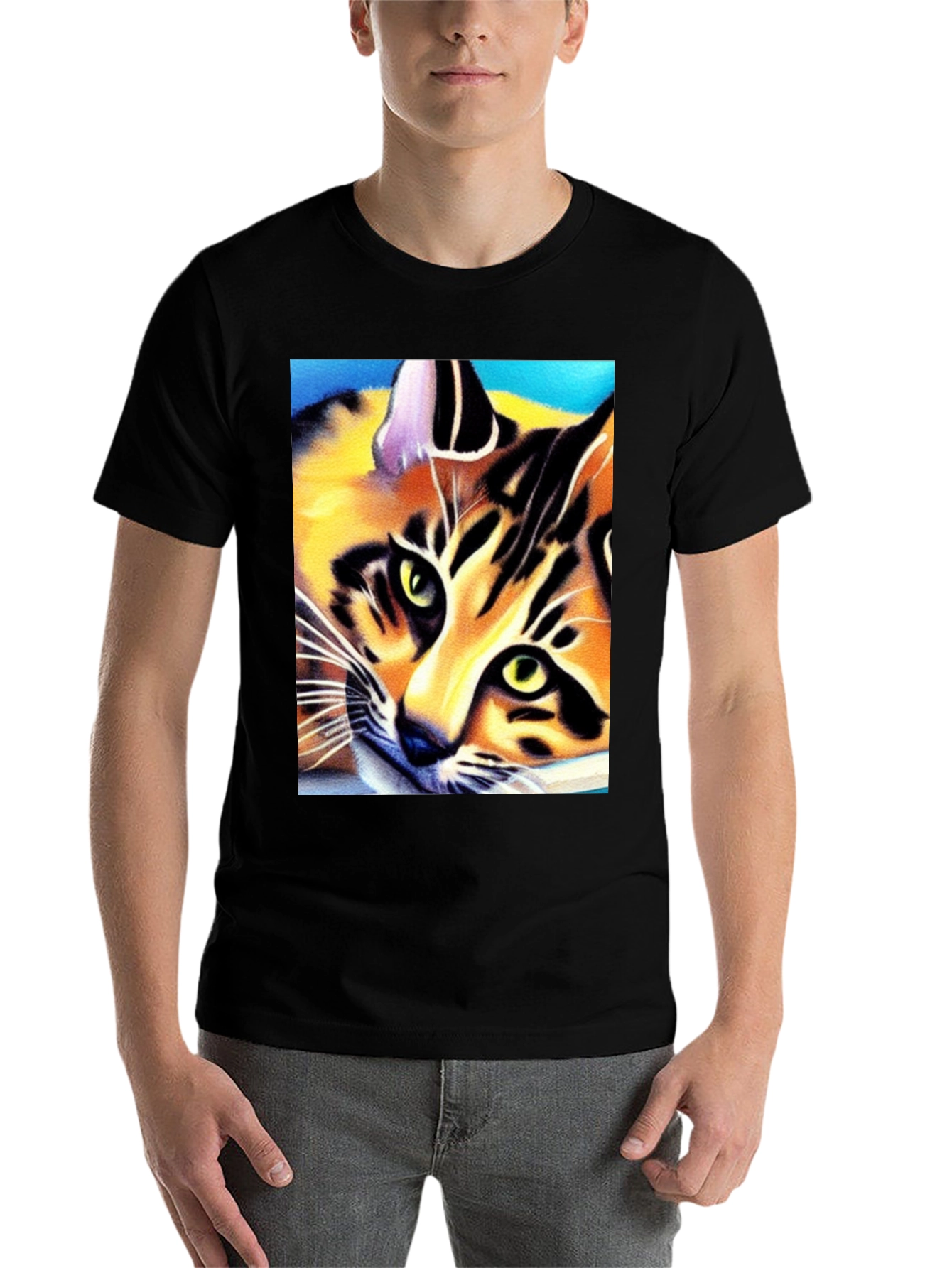 Black Cool Cat Art Graphic T-Shirt view 7
