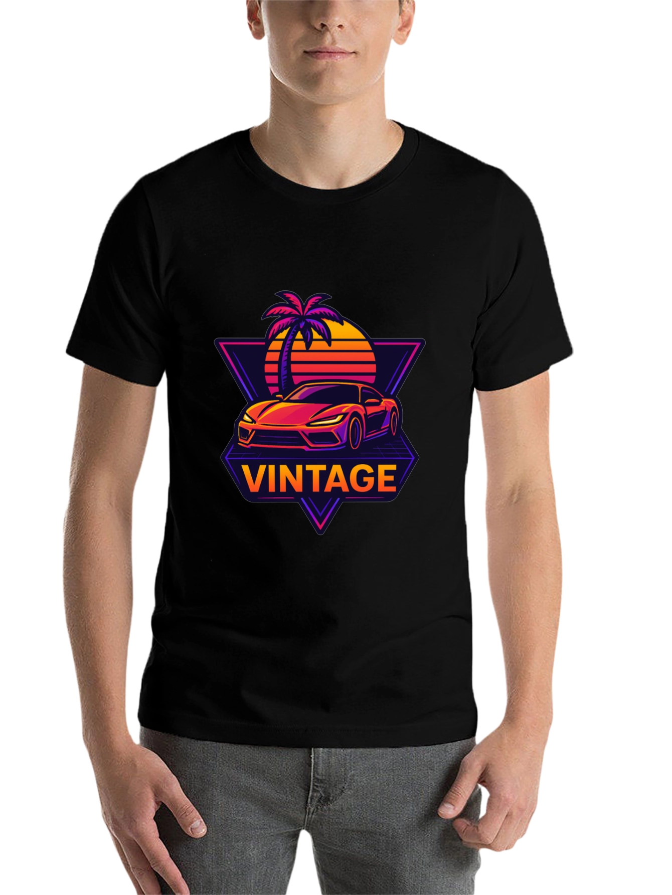 Black Vintage Sunset Car Graphic T-Shirt view 7