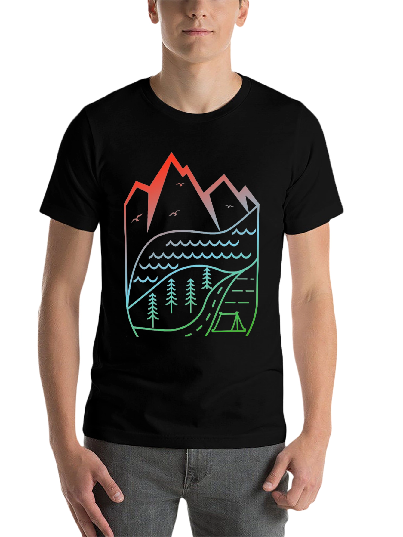 Black Nature's Embrace T-Shirt: Mountain, Lake, Camping Design view 7