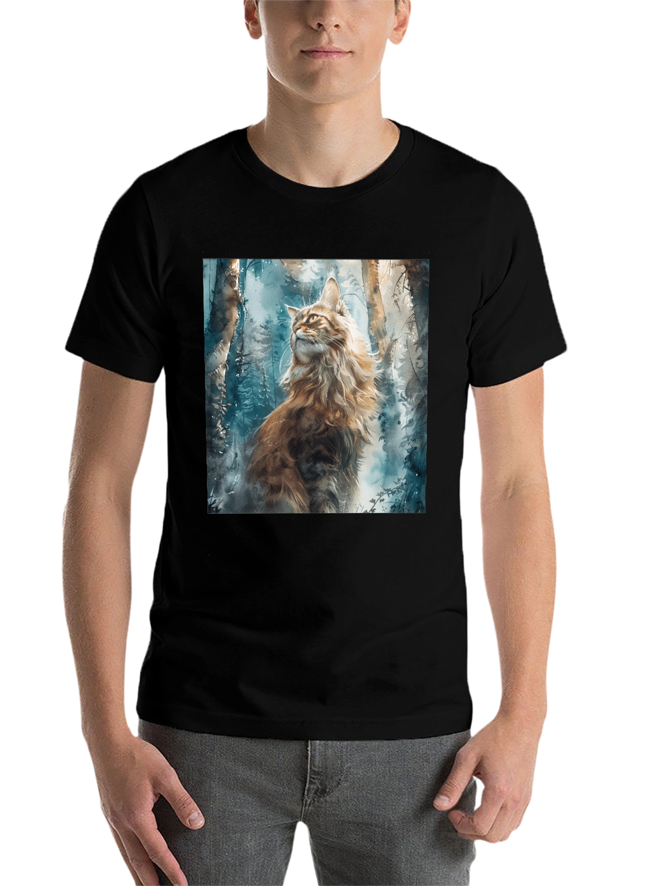 Black Watercolor Cat in Forest Graphic Tee view 7