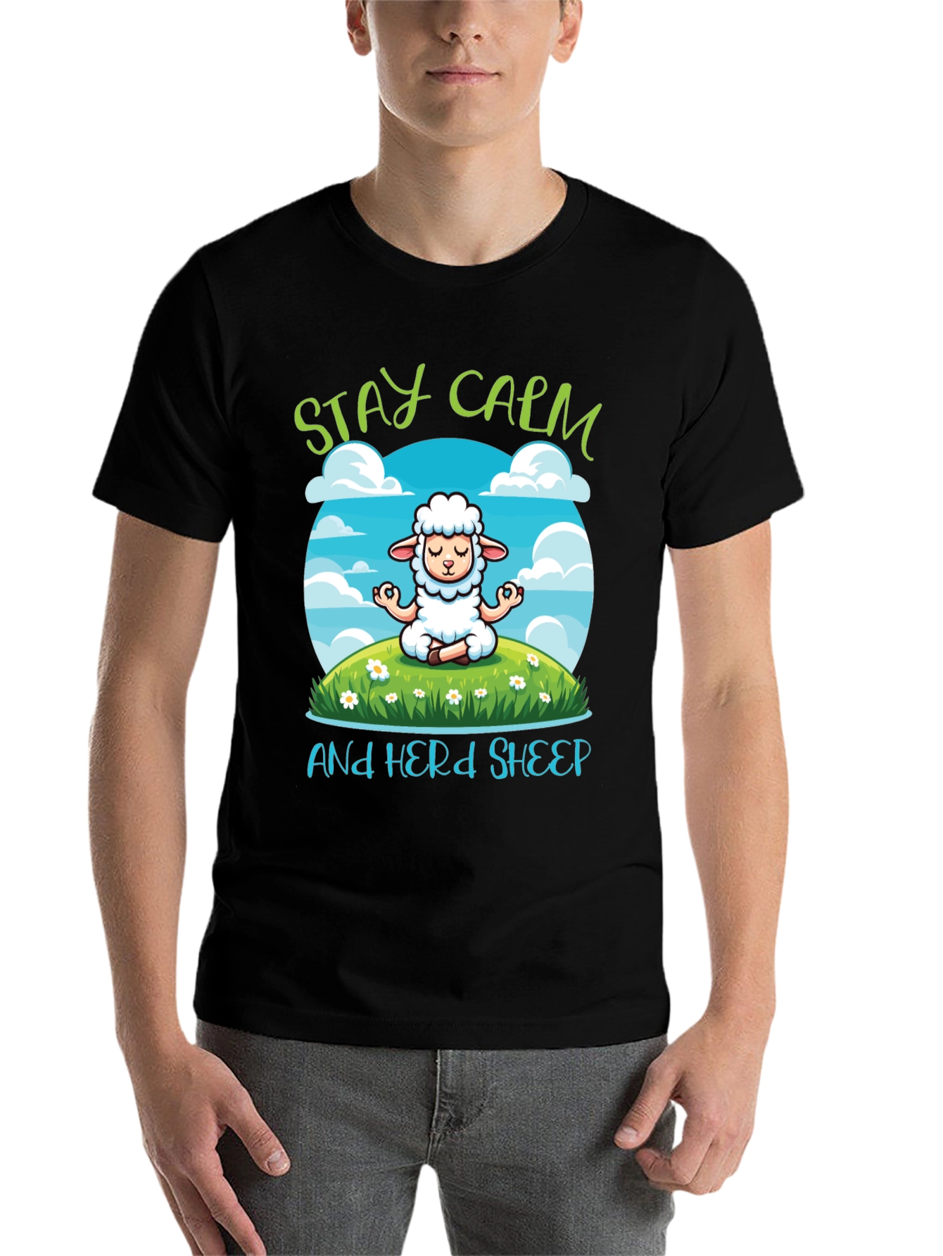 Black Stay Calm Herd Sheep T-Shirt - Meditation Sheep Tee view 7