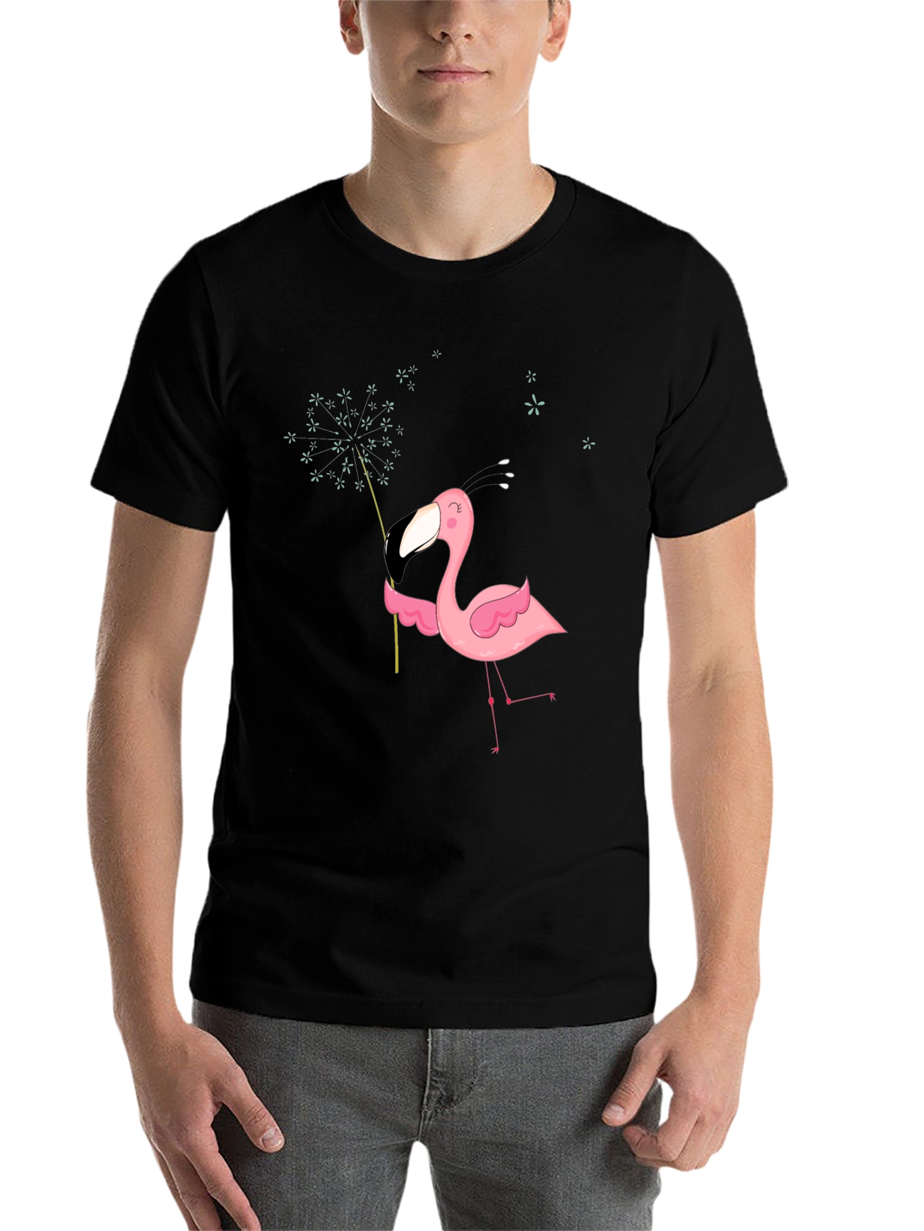 Black Men's Black T-Shirt with Flamingo Graphic view 7