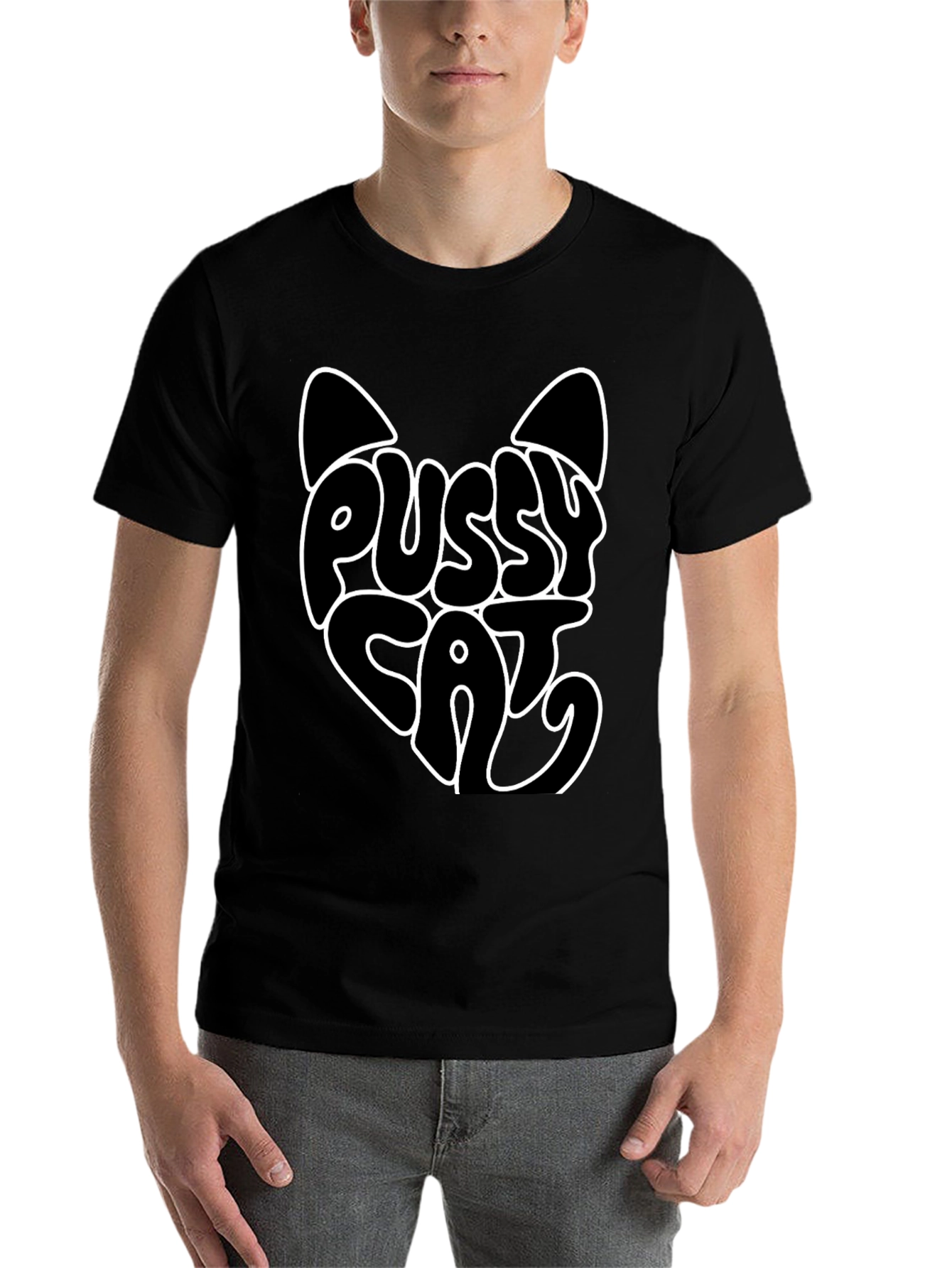 Black Pussy Cat Graphic Print Black T-Shirt view 7